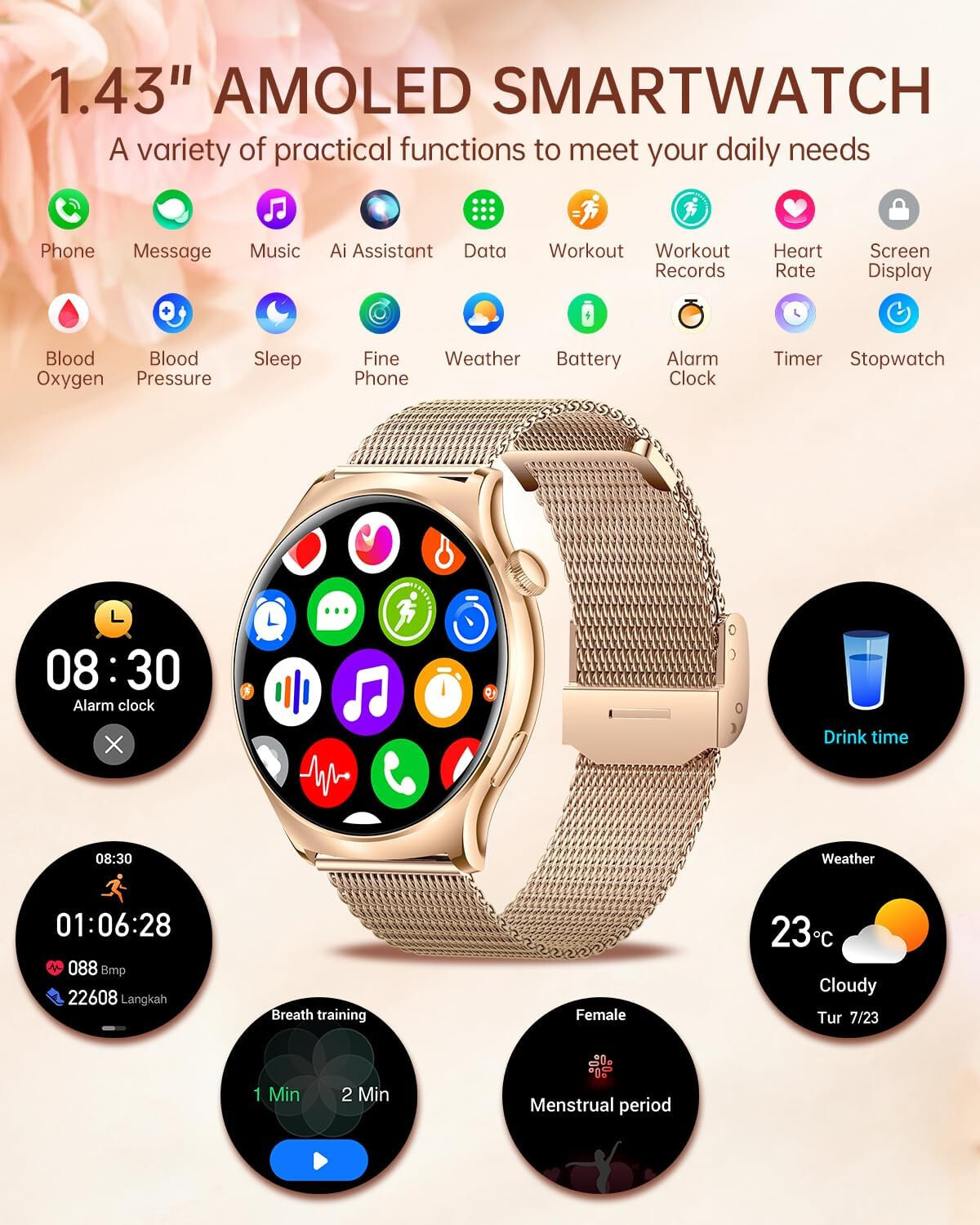 Smart Watch for Women (Answer/Make Calls), 1.43” AMOLED Always On Display