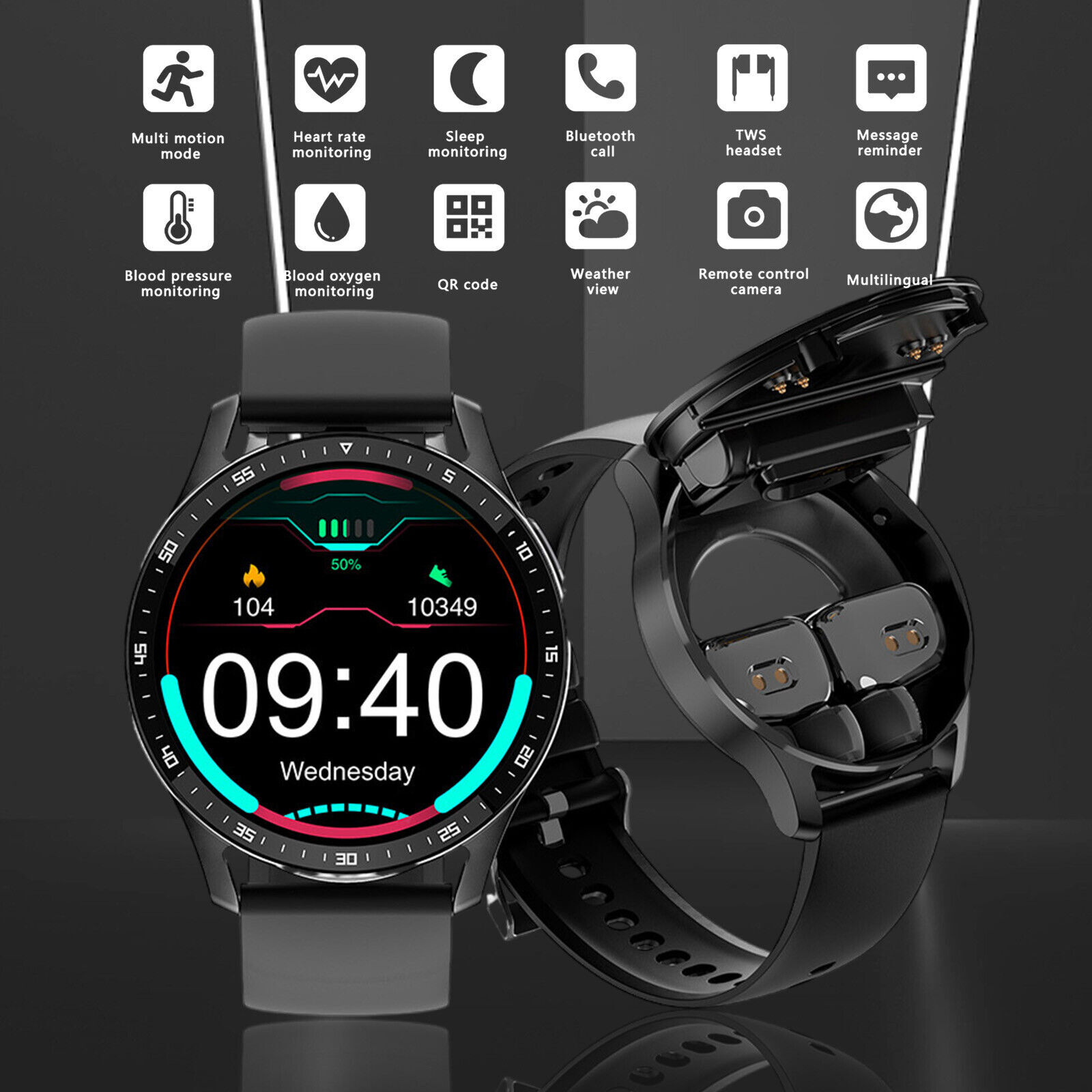 2 in 1 Smart Watch with Earbuds Smartwatch True Wireless Bluetooth Headsets Kit