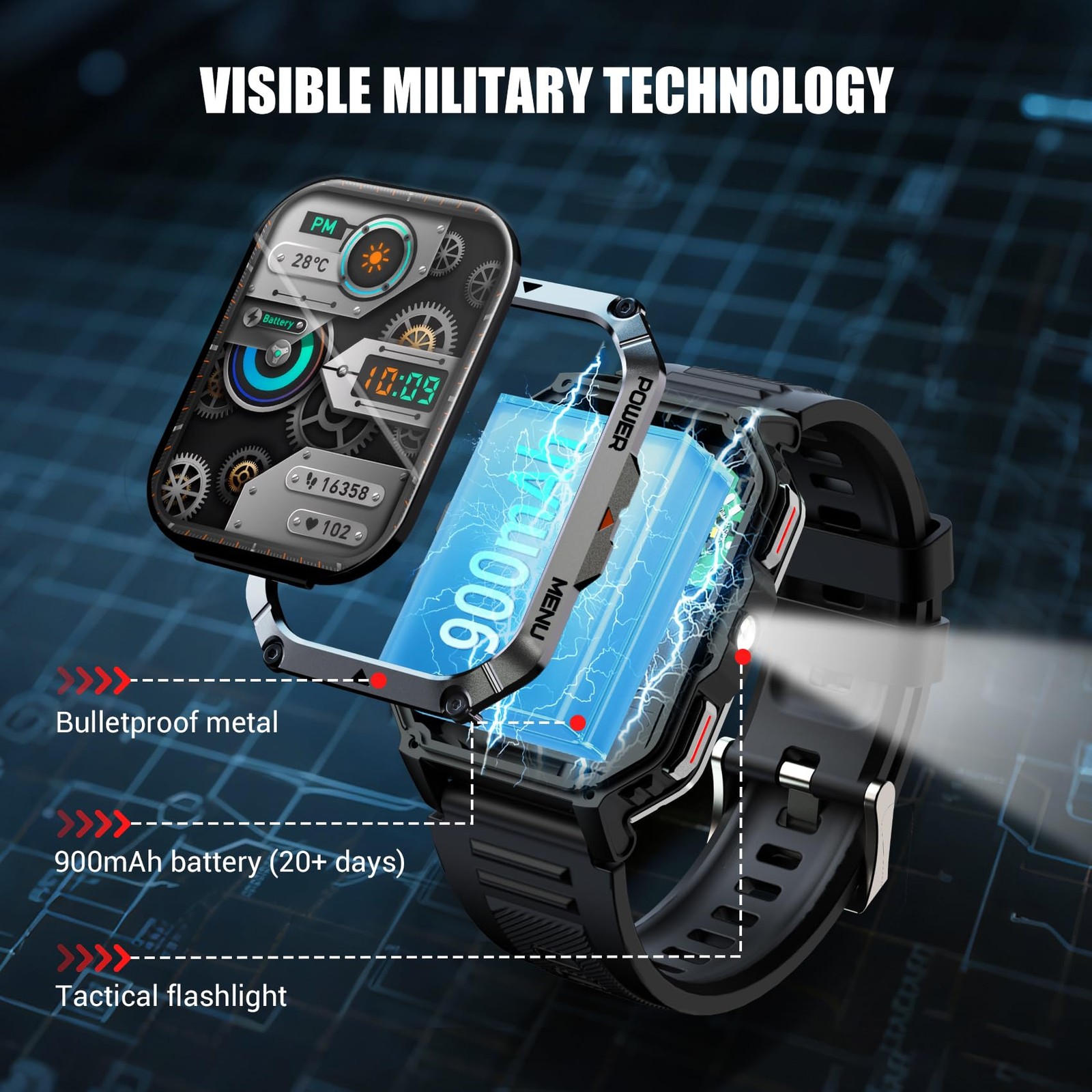 Military Tactical Smart Watch 2.01 Inch HD Display Rugged Fitness Tracker IP68