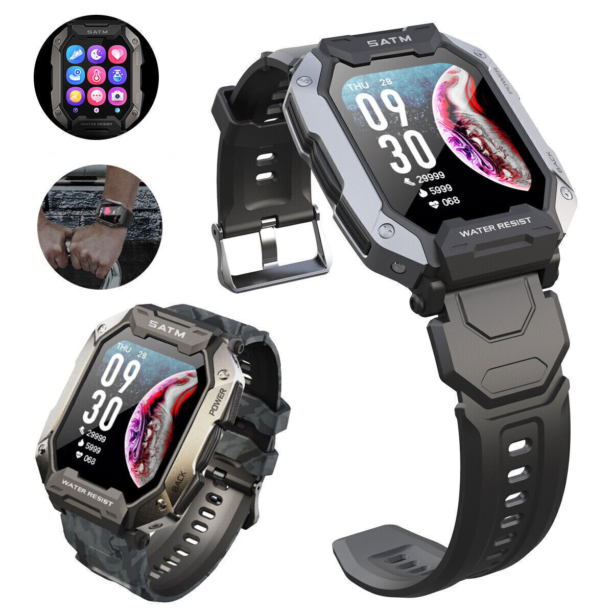 5ATM Military Smart Watch Outdoor Bluetooth Tactical Wristwatch Fitness Tracker