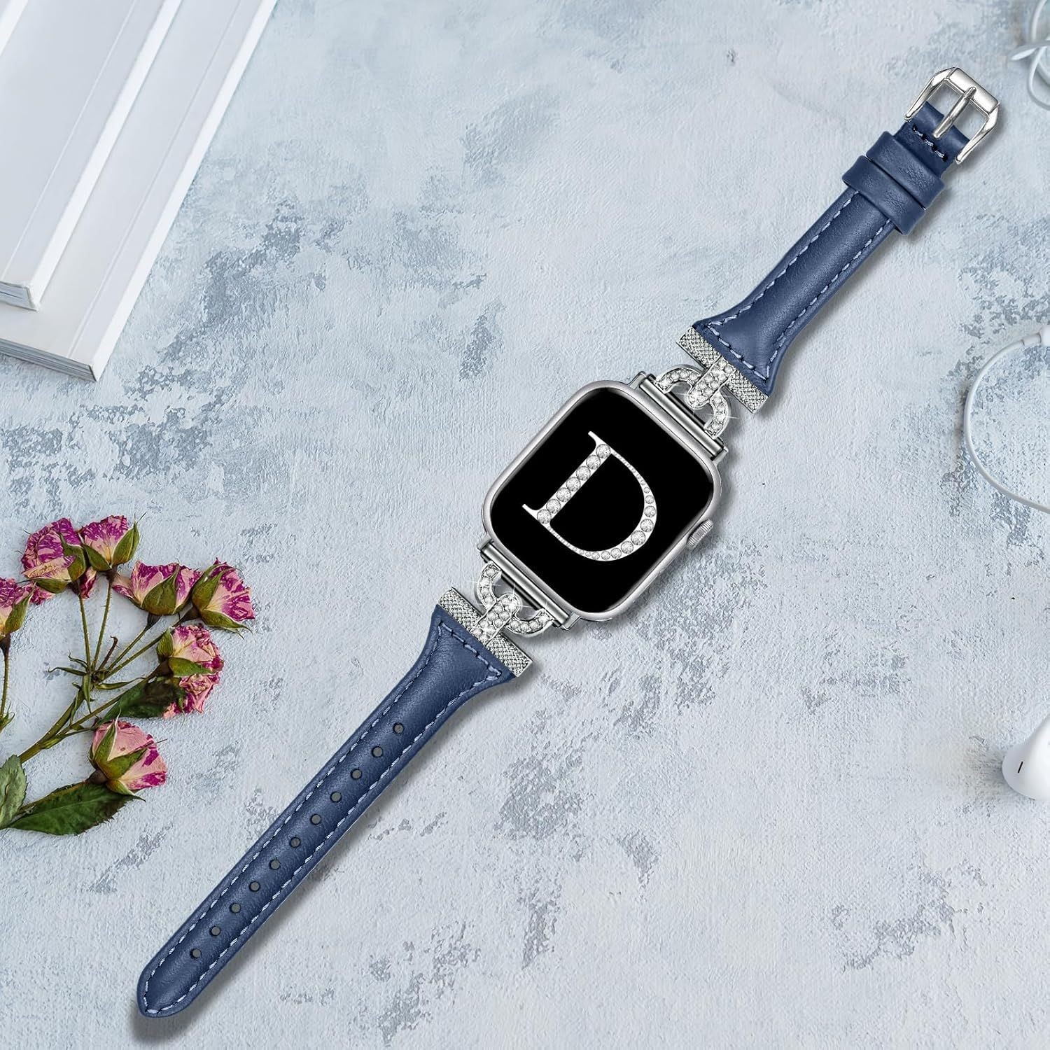 Navy Blue Slim Leather Band for Apple Watch Series 10 41mm with D-Shape Diamonds