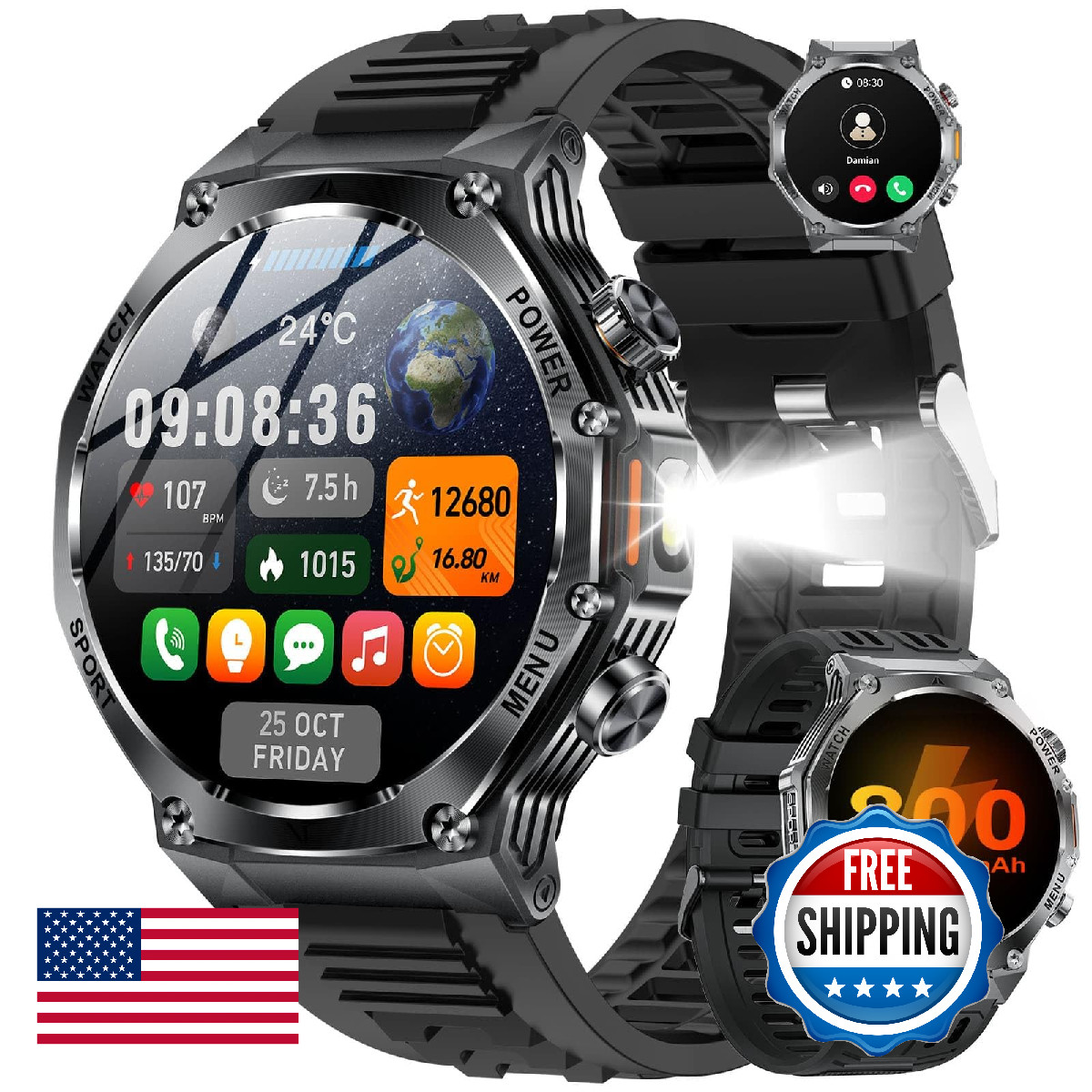 HIRREO Military Smart Watch for Men,800mAh Large Battery/1.75″ HD Smart Watches