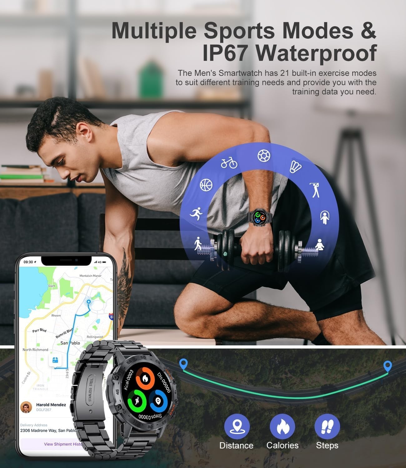 5ATM Waterproof Smart Watch for Men – Sports Tracker & Voice Assistant