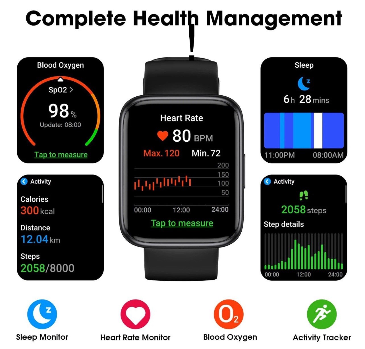 EURANS Full Touchscreen Fitness Tracker Heart Monitor Smart Watch Black