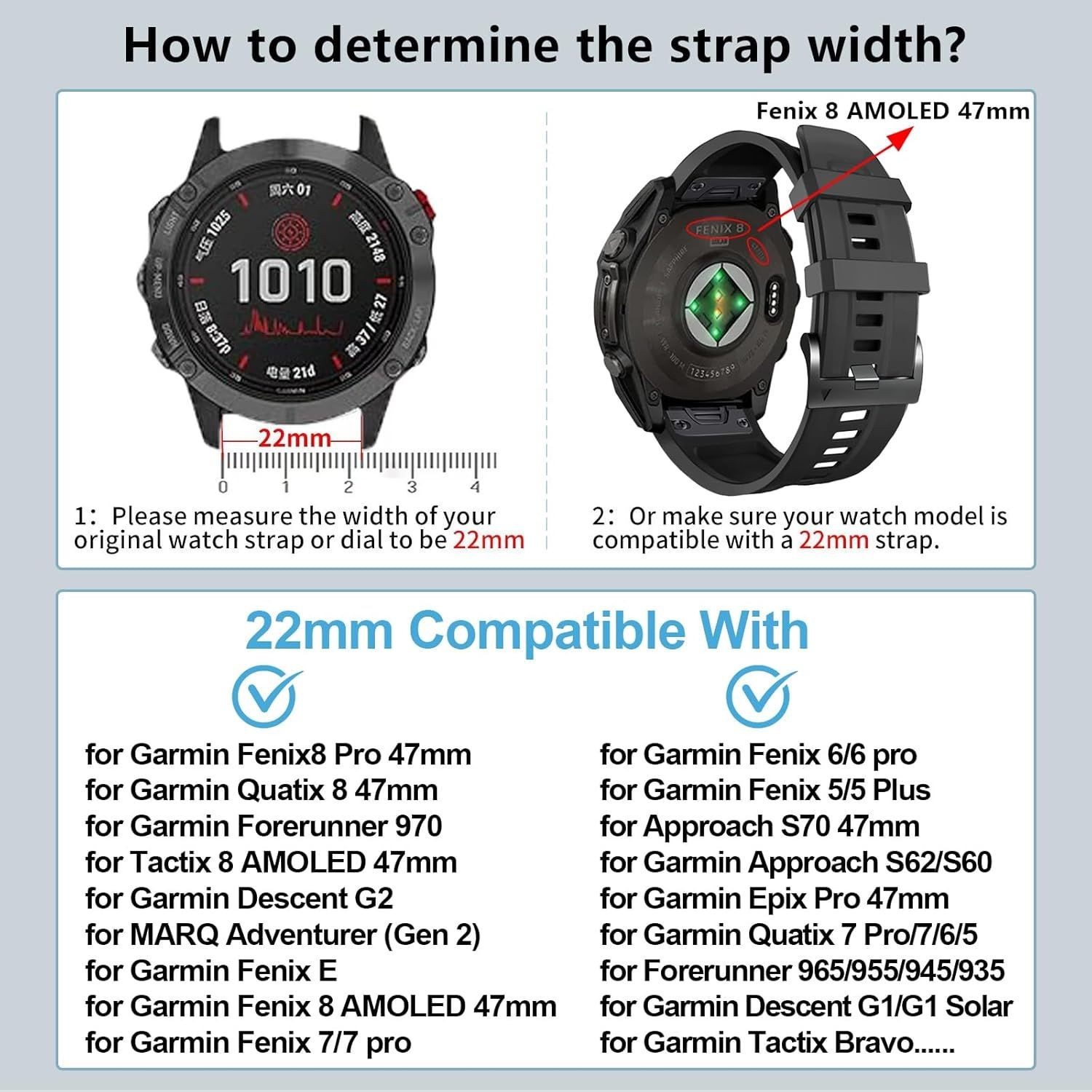 22mm Silicone Strap Compatible with Garmin Fenix 8 Pro 47mm, Forerunner 970