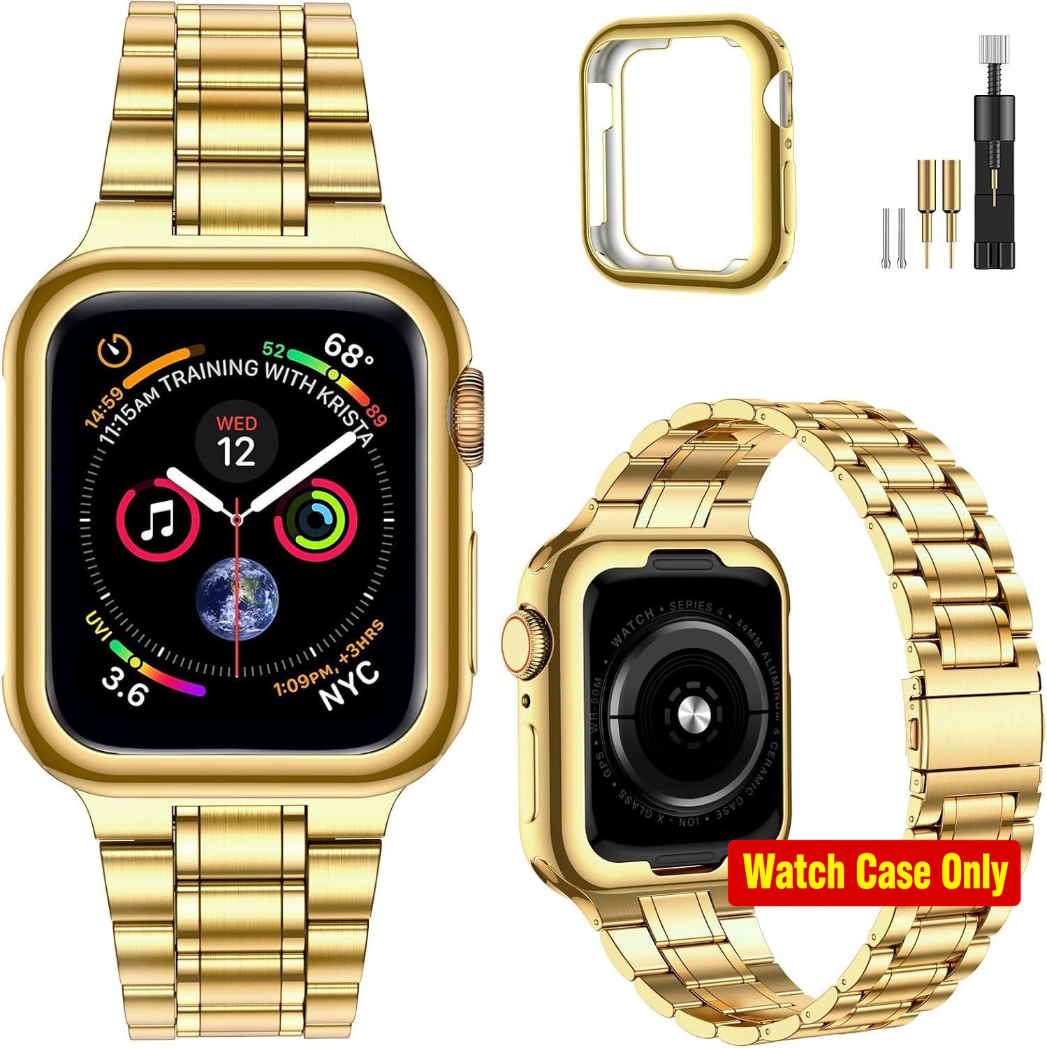 Adjustable Metal Strap with Soft TPU Case for Apple Watch 38mm 40mm 41mm Gold