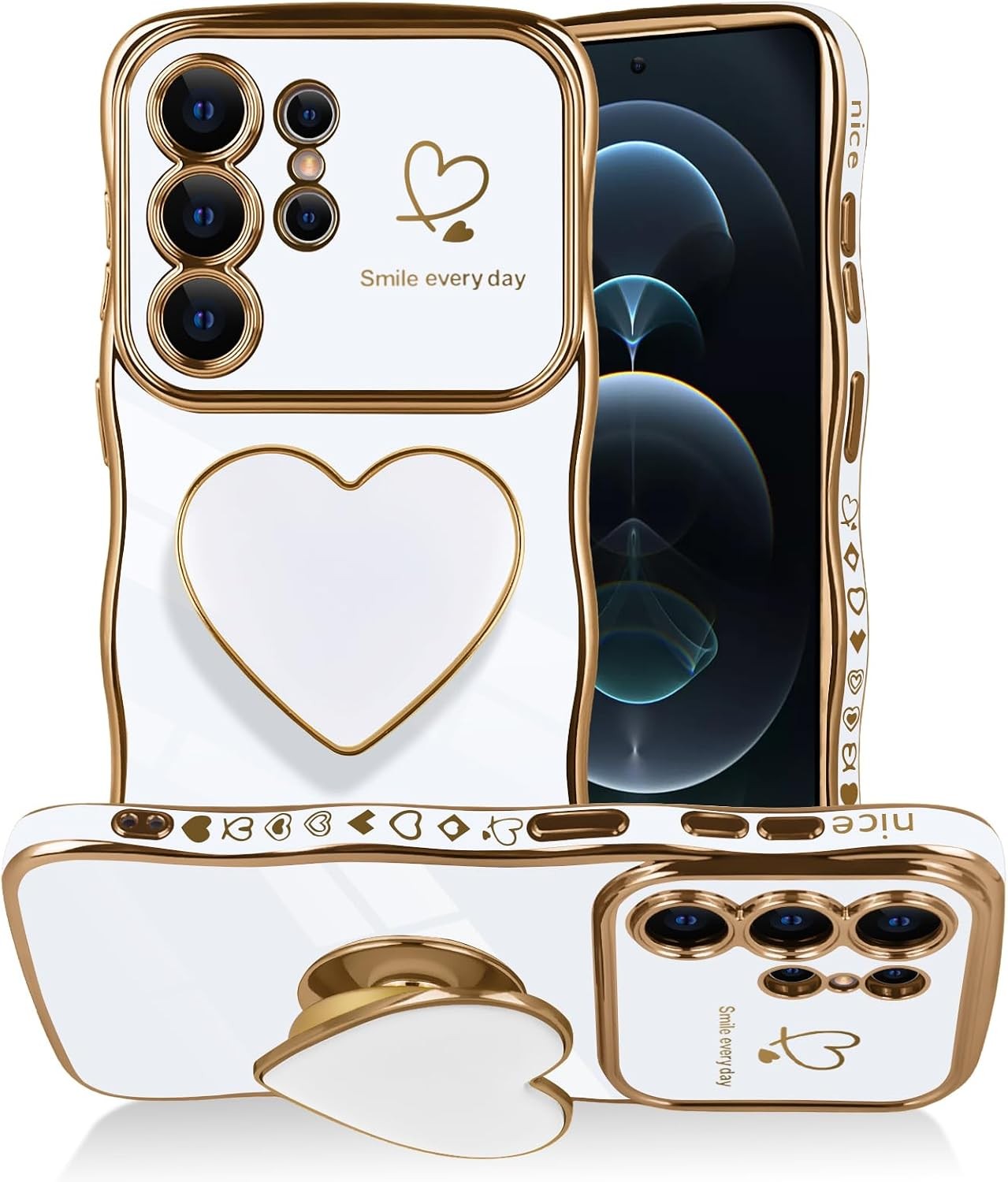 Cute White Luxury Wave Frame Bumper Case for Samsung Galaxy S26 Ultra