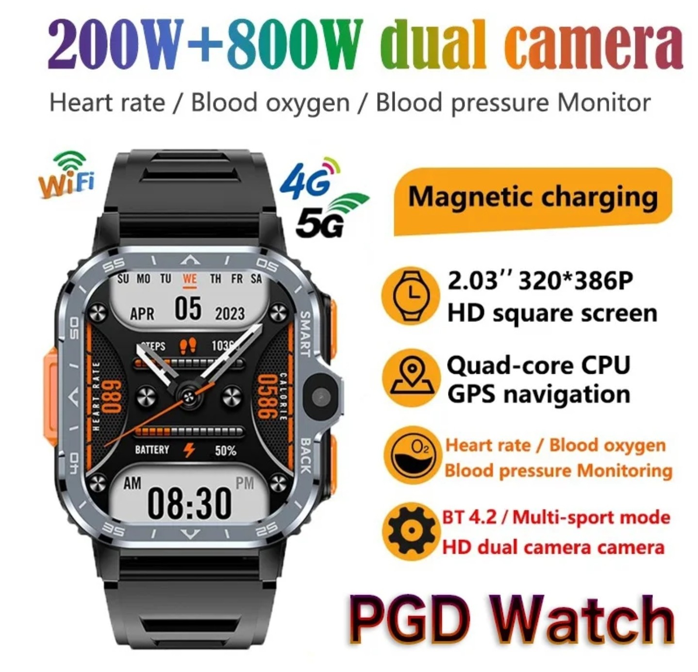PGD 5G Android Smart Watch 2.03″ AMOLED Screen GPS NFC Wifi SIM Dual Camera