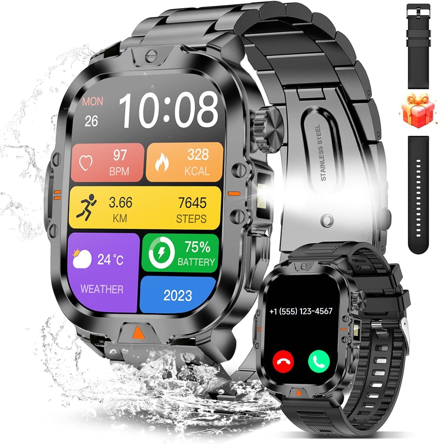 Military Smart Watch 2.01 Inch Call Answer 170 Sports IP68 Waterproof Black
