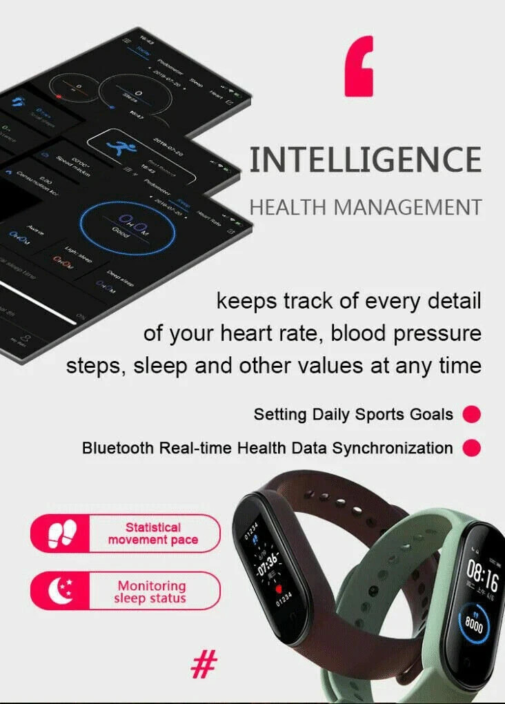 M7 Smart Band Watch Bracelet Wristband Fitness Tracker Blood Pressure Heartrate