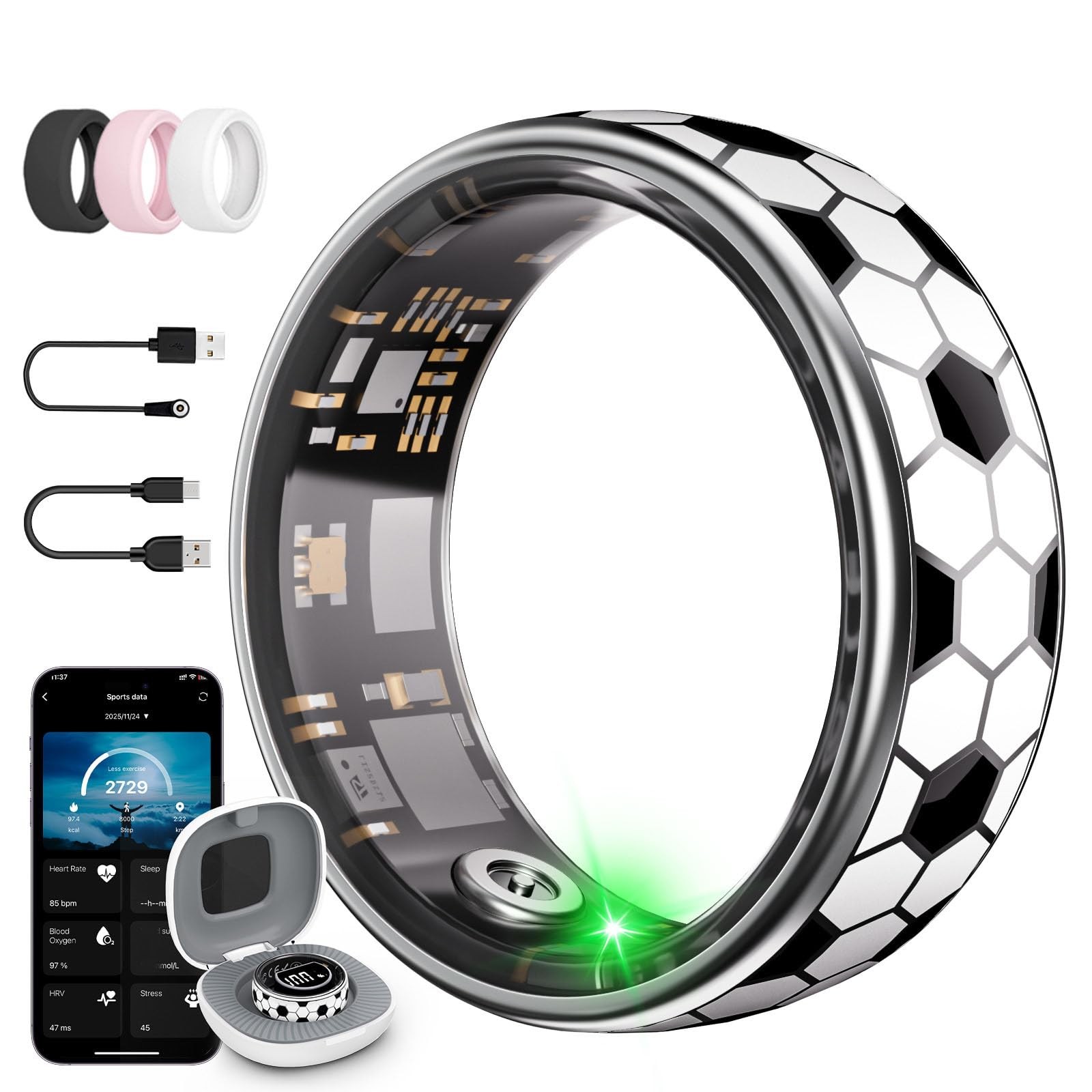 Soccer Pattern Smart Ring for Men Women, Fitness Tracker Ring– HR, SpO2, Slee…