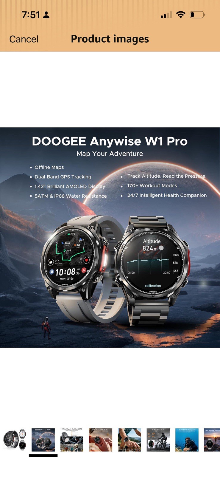 DOOGEE Anywise W1 Pro Smartwatch 47.5mm AMOLED GPS HR BT iOS/Android