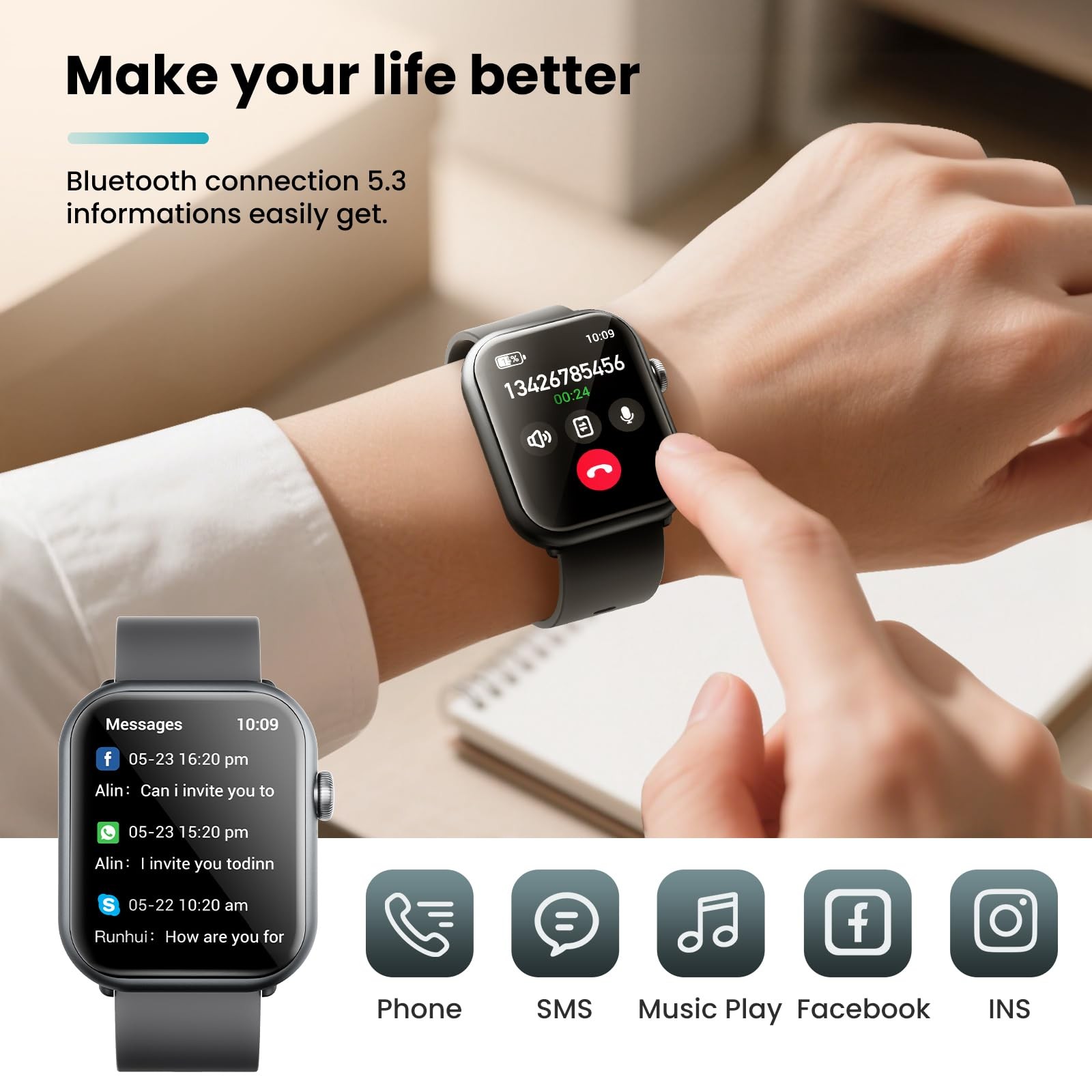 HOMOGO Smart Watches for Men Women, 1000mAh Battery Life medium, Black