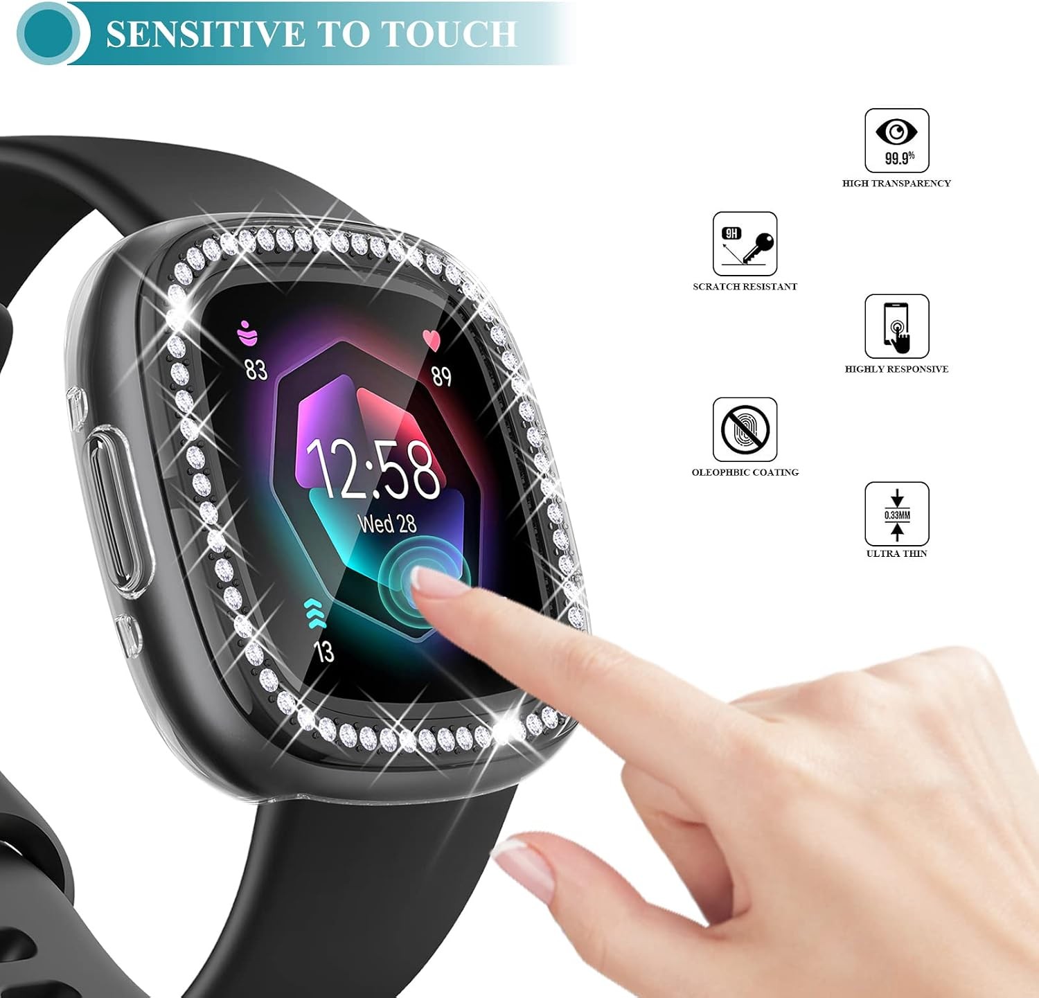 2-Pack Screen Protector Case for Fitbit Versa 4 & Sense 2 Bling Diamonds Bumper
