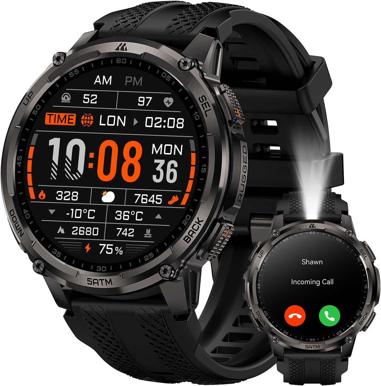 Tank T4C Smart Watch for Men with LED Flashlight, 1.5” AMOLED Display, Dual-Band