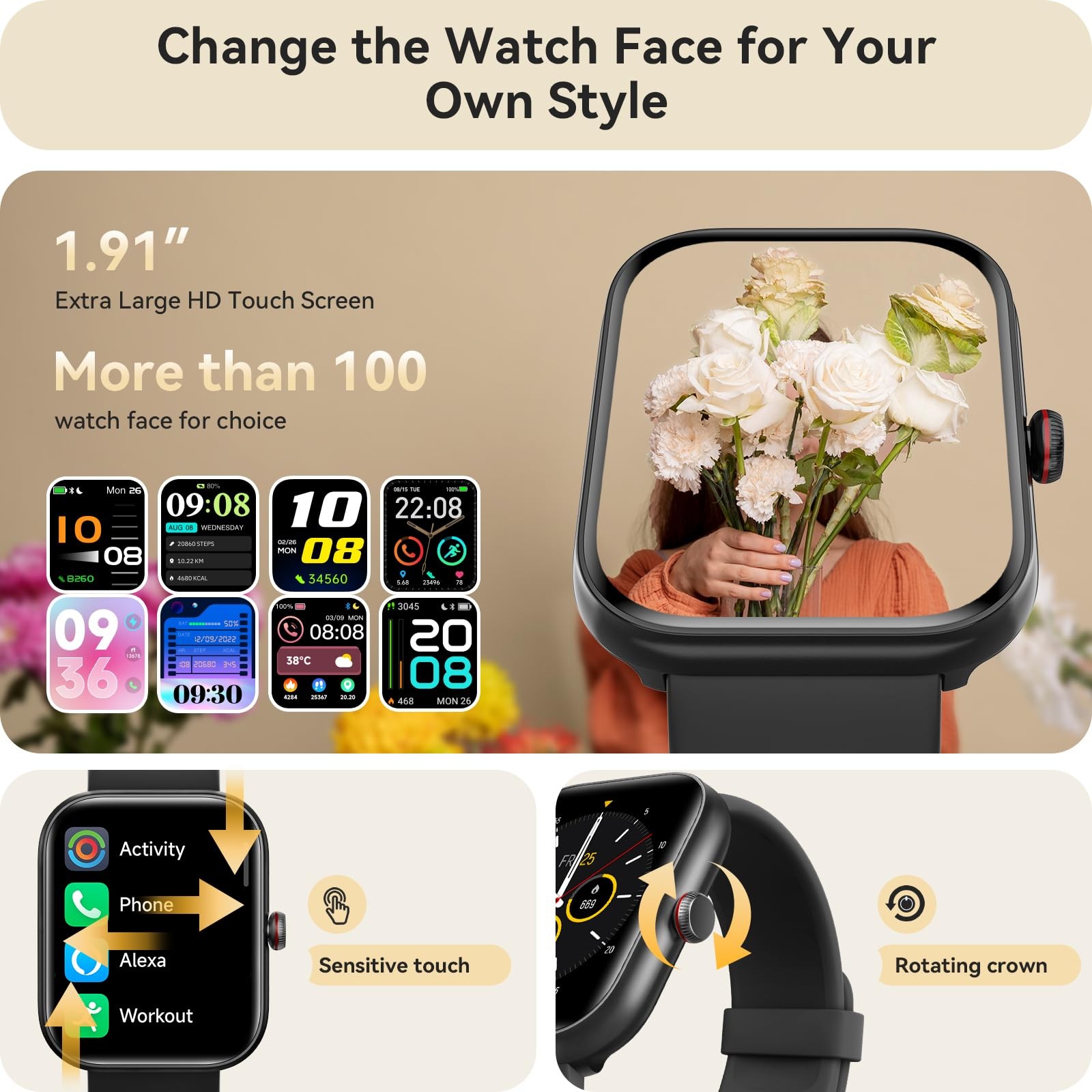 Yoever Smart Watch For Women Men For Bluetooth Answer/Call Built-In Alexa 1.91