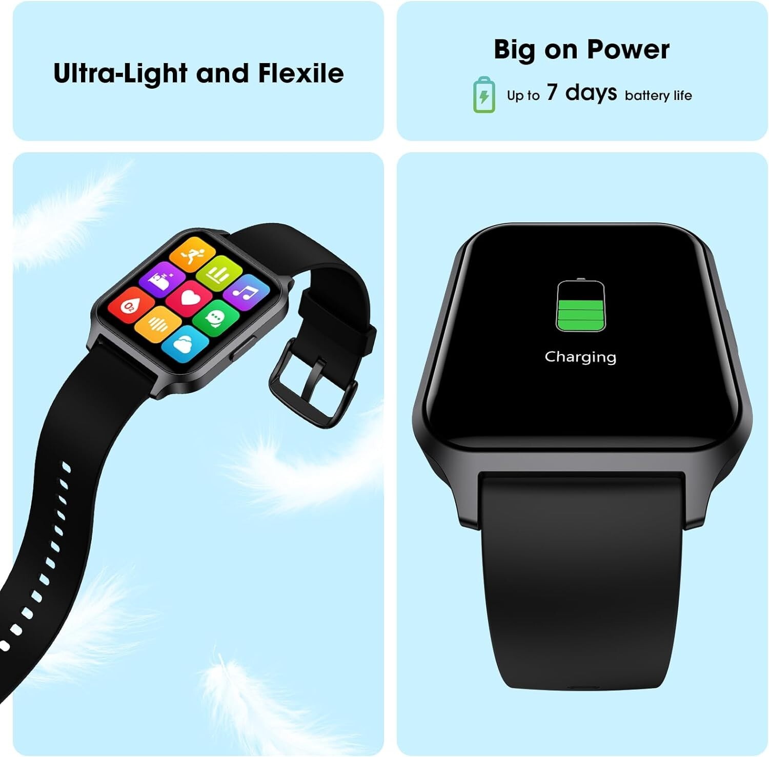 Unisex Smart Watch Fitness Features 42Mm Full Touch Screen Waterproof Black