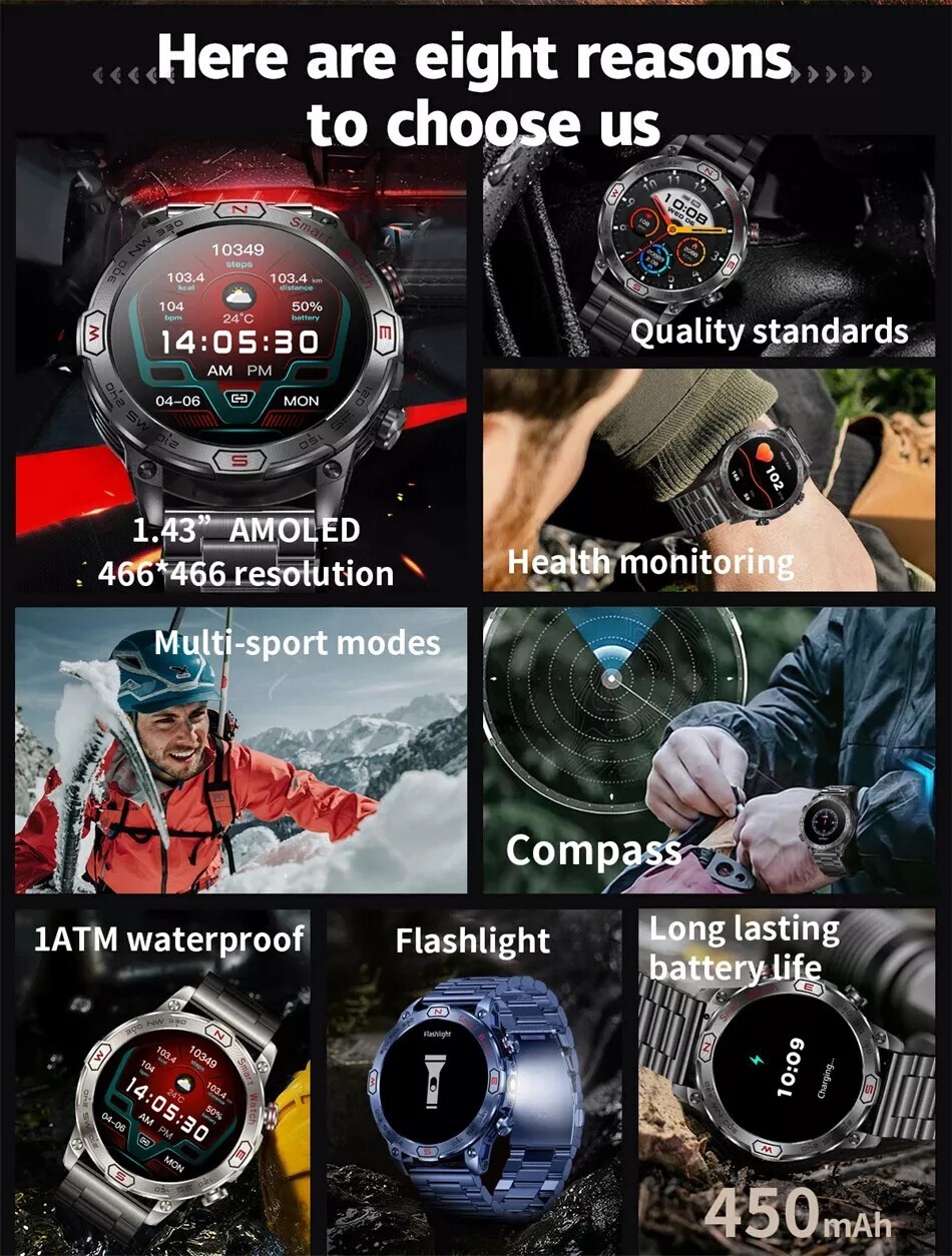 NEW 1.43″ Smart Watch Men Bluetooth Call GPS Compass HRM Fitness Tracker IP68