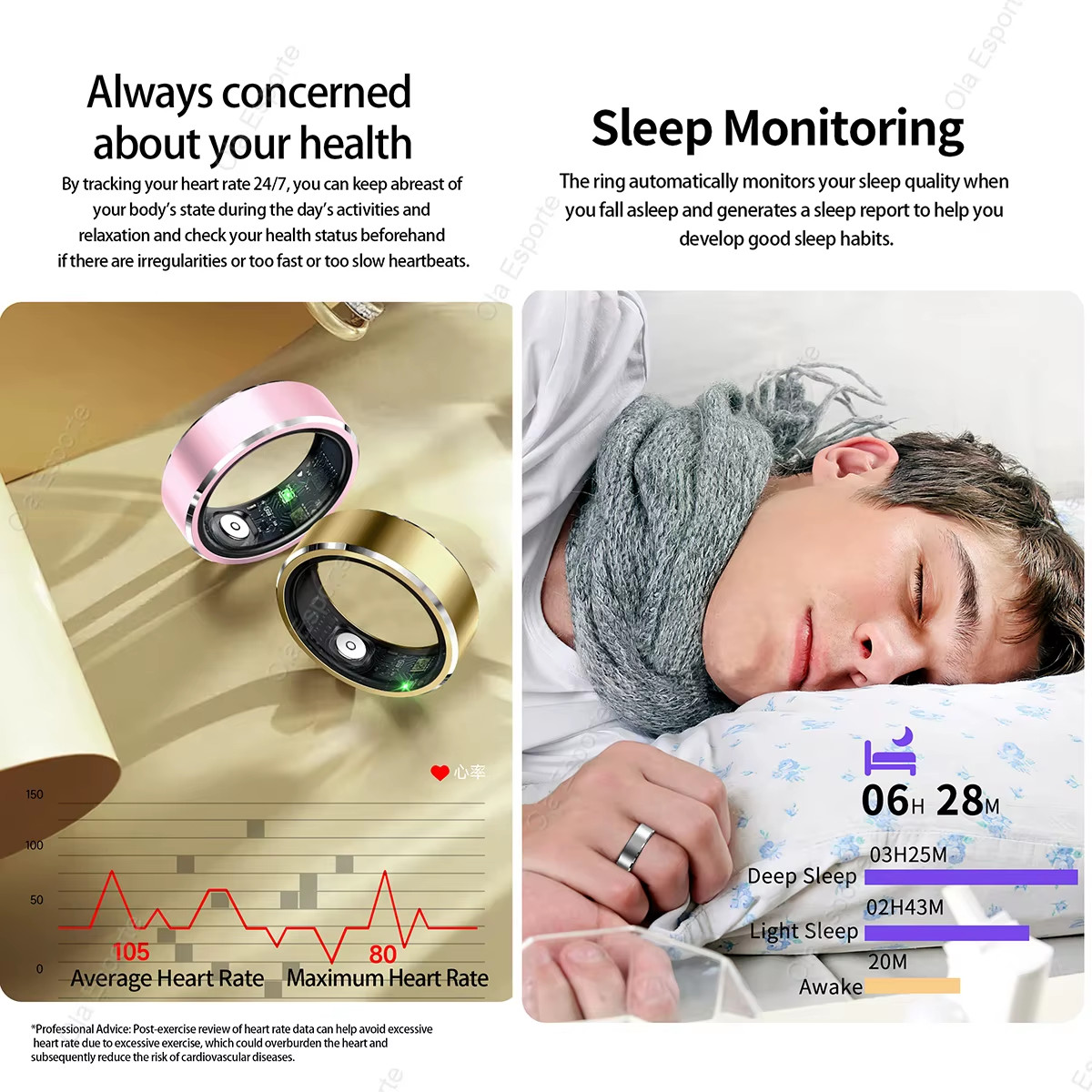 Smart Ring Gesture Control Function 5ATM Waterproof Heart Rate Blood Pressure Ox