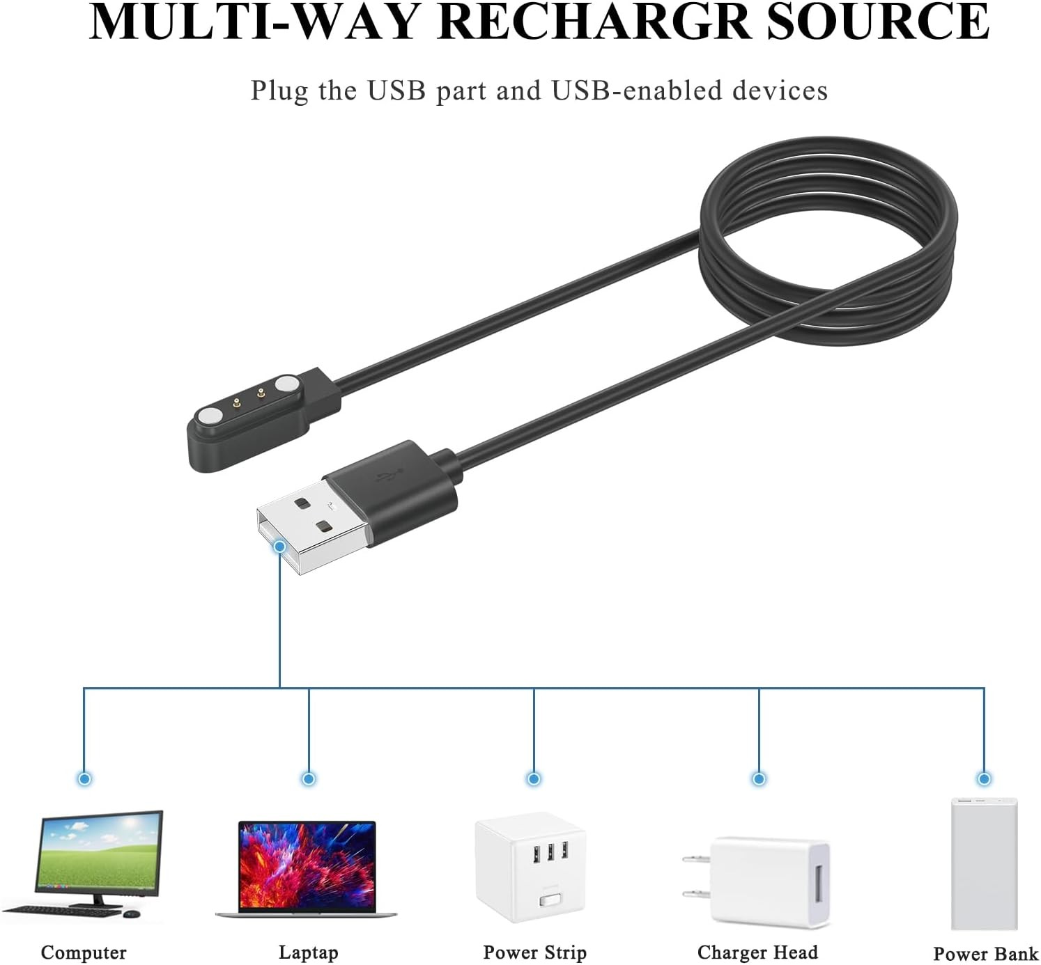 2Pack Smart Watch Charger Cable, 3.3FT Magnetic USB Charging Cable for T80 T70 T