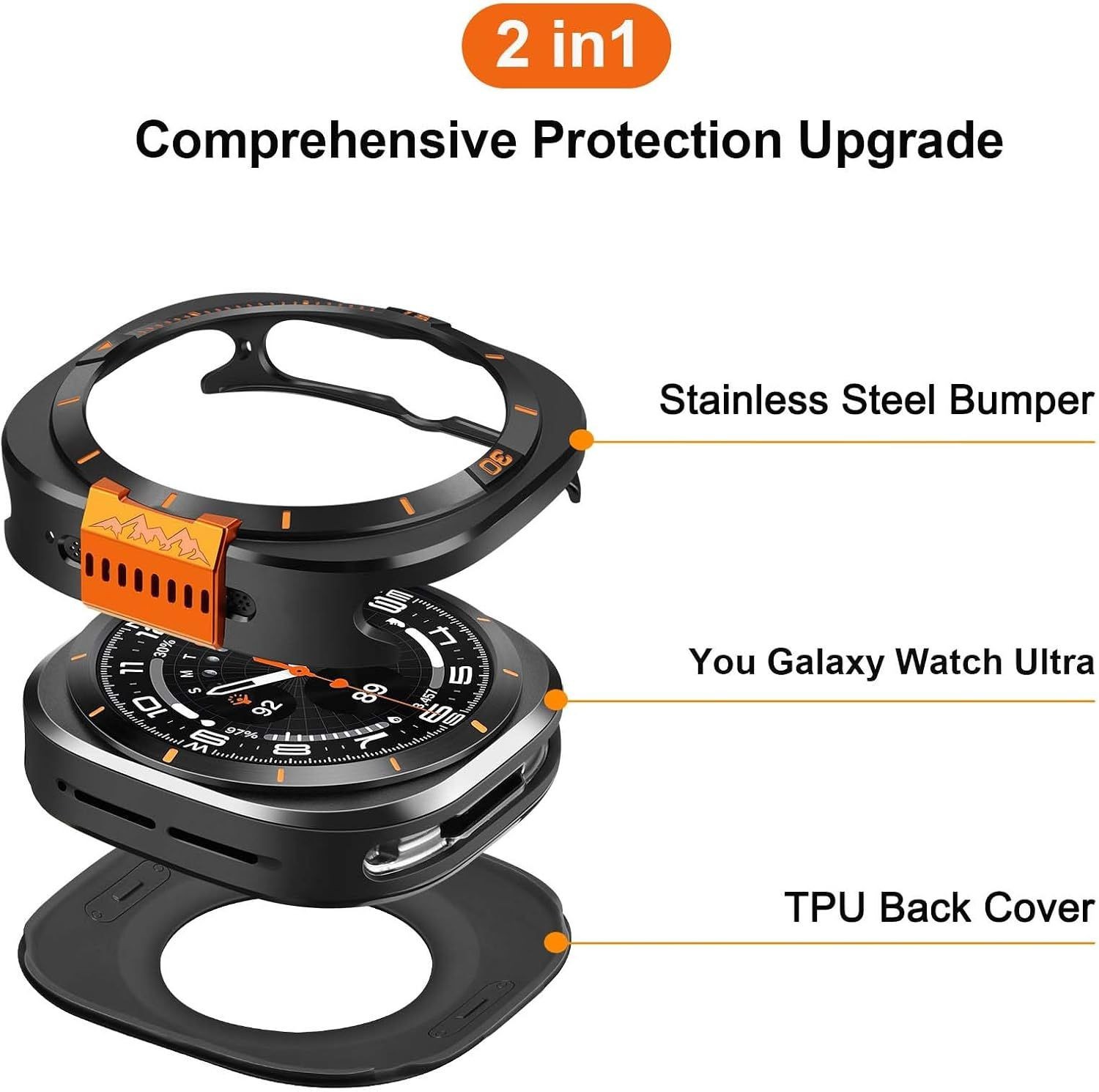 2 in 1 Metal Cover for Samsung Galaxy Watch Ultra 47mm Rugged Bumper Case