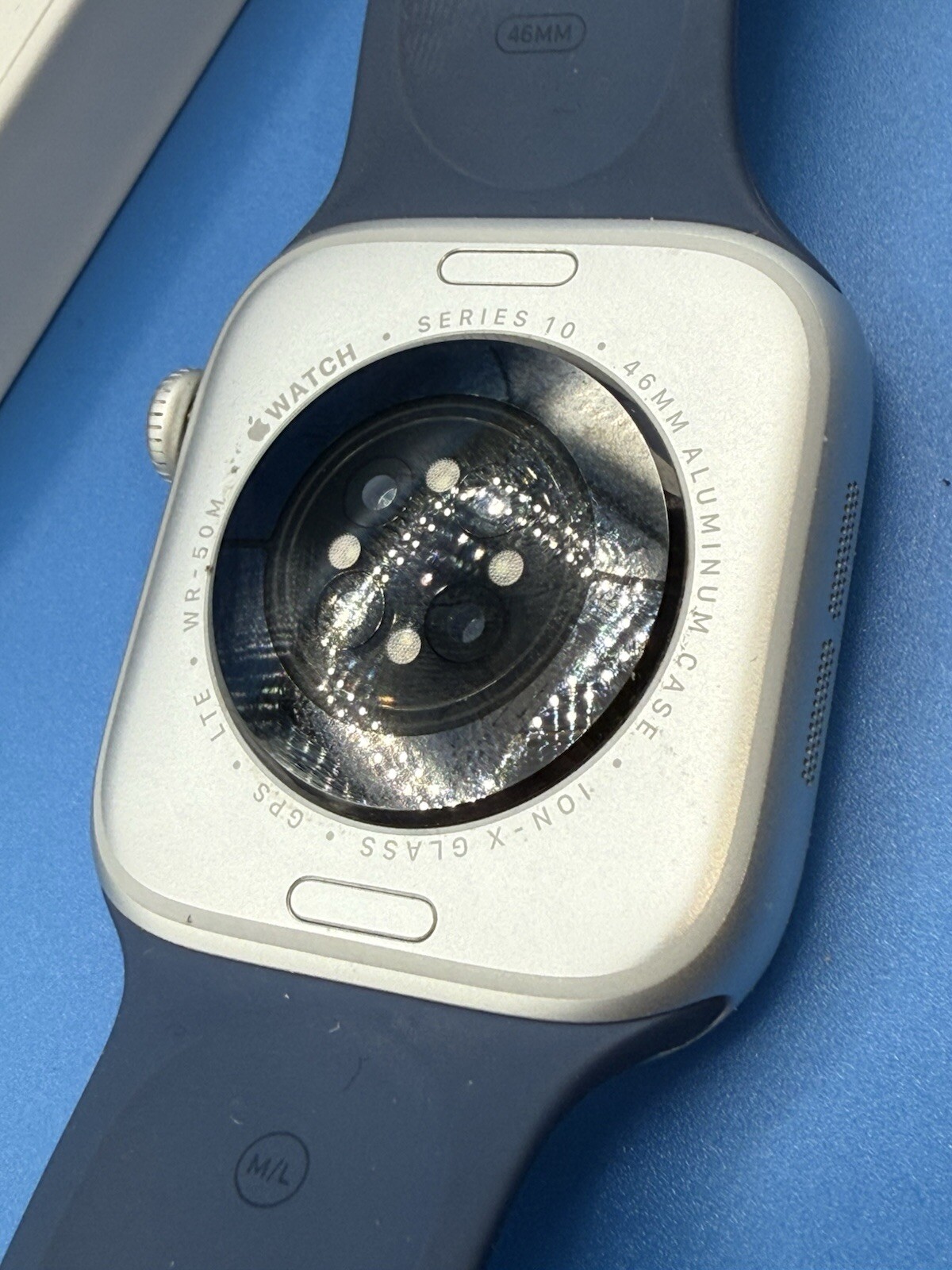 Apple Watch Series 10 GPS Cell 46mm Silver Case Denim Sport Band M/L MWY13LW/A