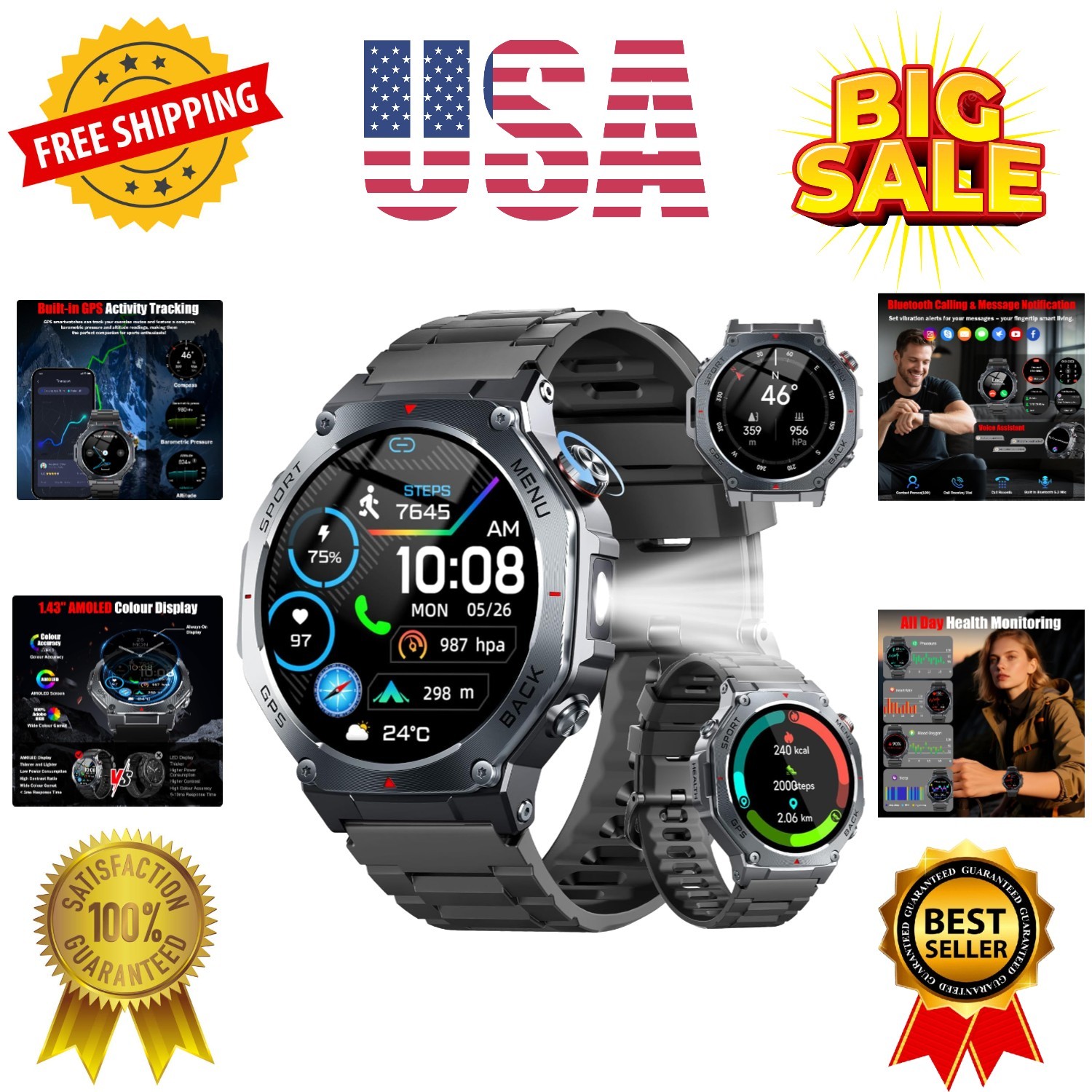 Military Smart Watch for Men Built-in GPS with LED Flashlight Compass, 1.43″ …