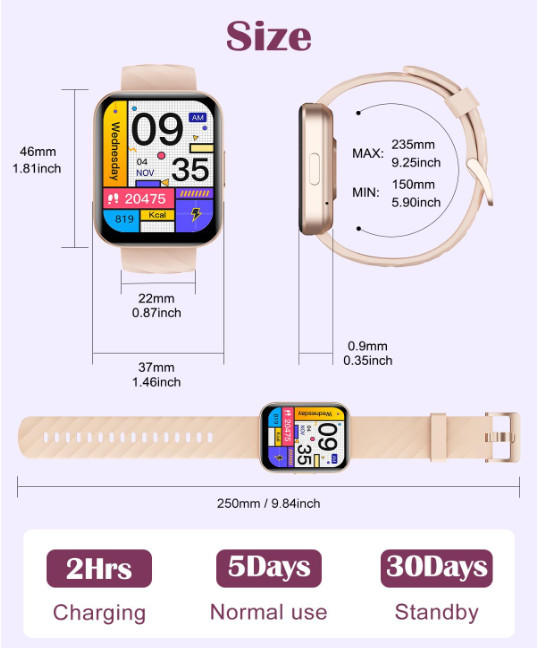 Reloj Inteligente Bluetooth De Mujer Para IOS Y Android,Rosa Pantalla HD 1,85″