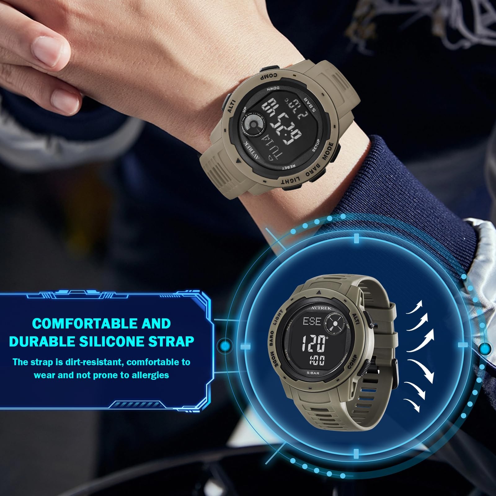 Tactical Watch with Compass,50M Waterproof Pedometer, Digital Altimeter Watch