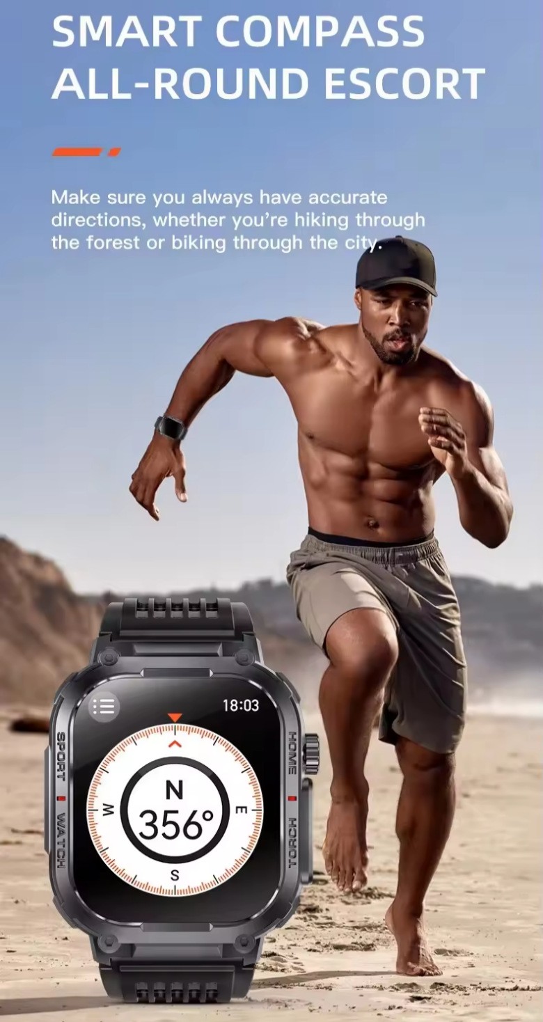 Tactical Smart Watch for Men Sport Bluetooth Call Flashlight Compass 400mAh 3ATM