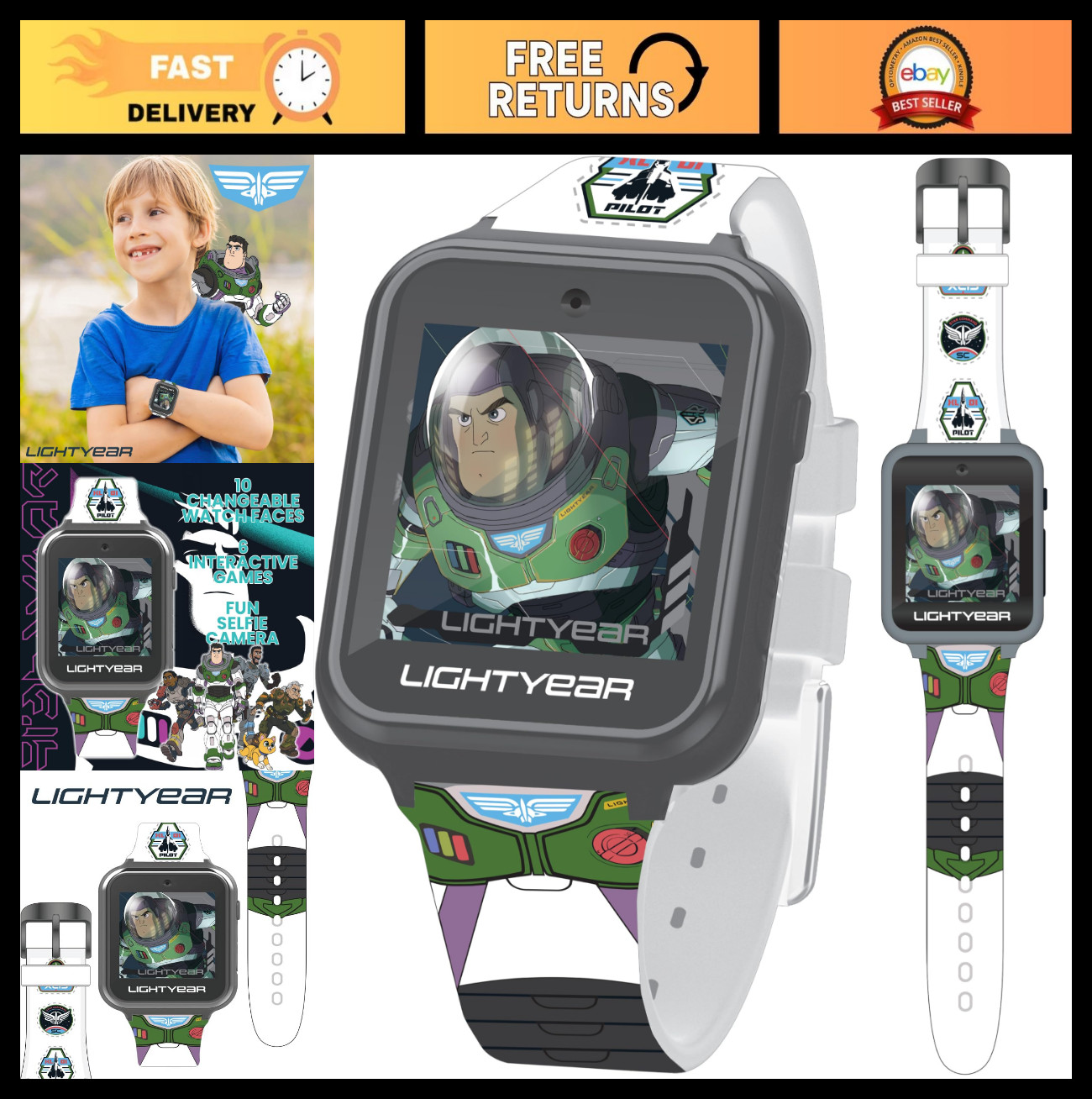 Buzz Lightyear Smartwatch for Kids, Quartz Timepiece, White, Fun Features, Durab