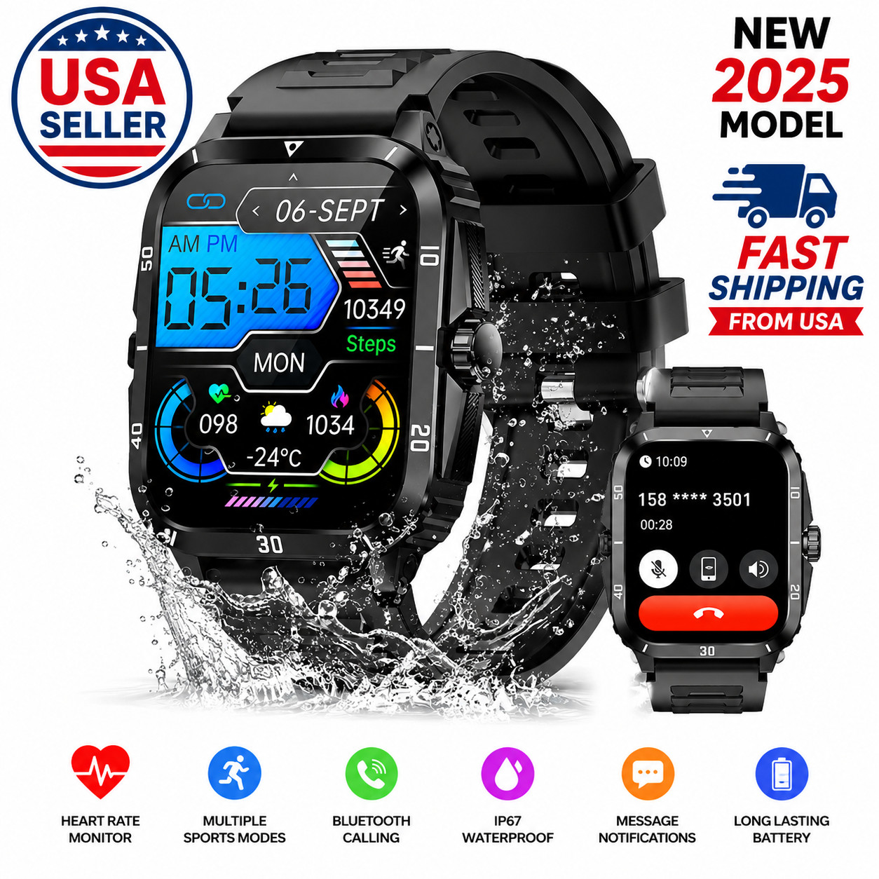 1.96″ Bluetooth Smart Watch Fitness Tracker for iPhone Android Heart Rate IP67