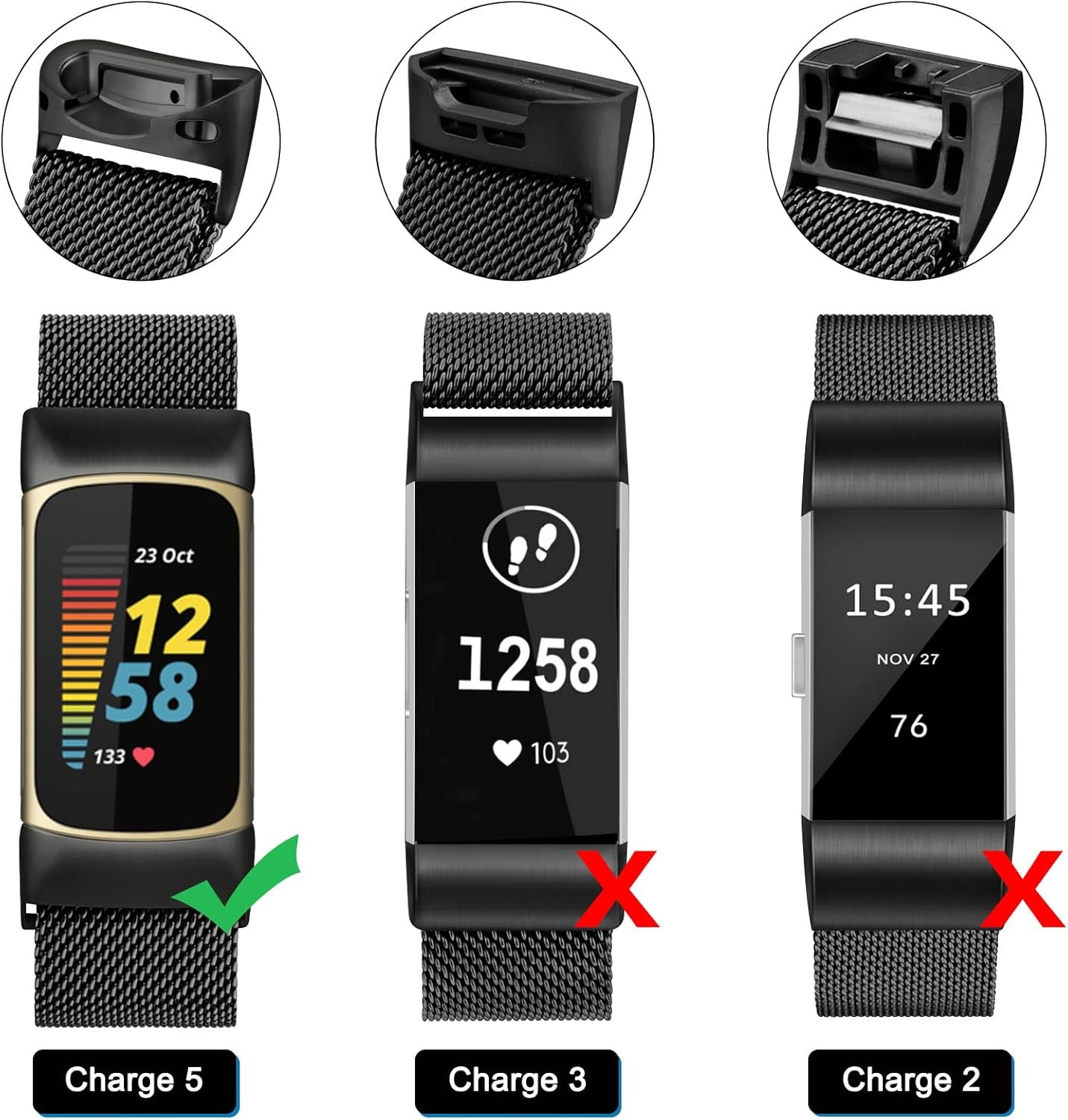 Adjustable Black Stainless Steel Mesh Band for Fitbit Charge 6 Fitness Tracker