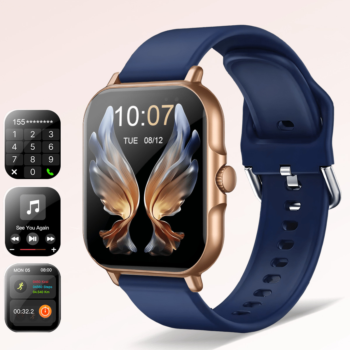 Navy Blue Gold Smart Watch 1.83 Inch Display Fitness Tracker With Calling Music