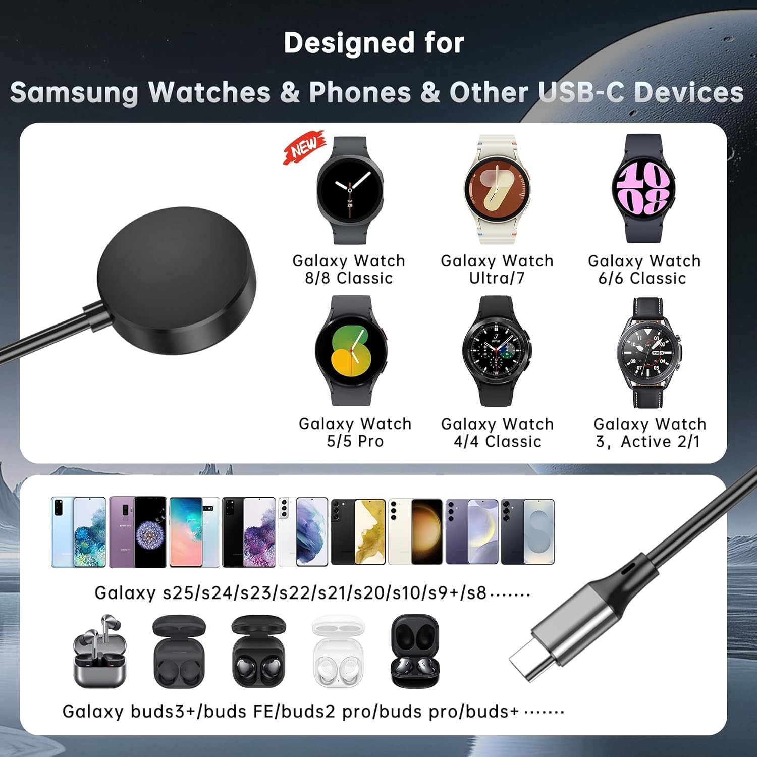 25W USB C Fast Charger for Galaxy Watch & Buds, 2 in 1 Samsung Watch Charger