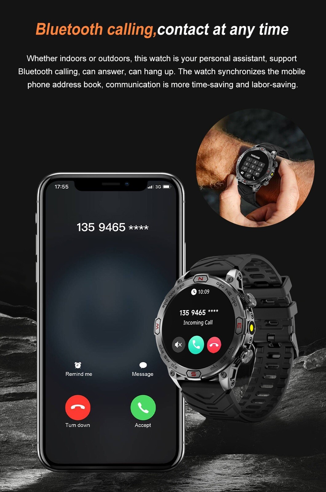 Tactical Smartwatch with Compass 100+Sports Modes Fitness Tracker Heart Rate