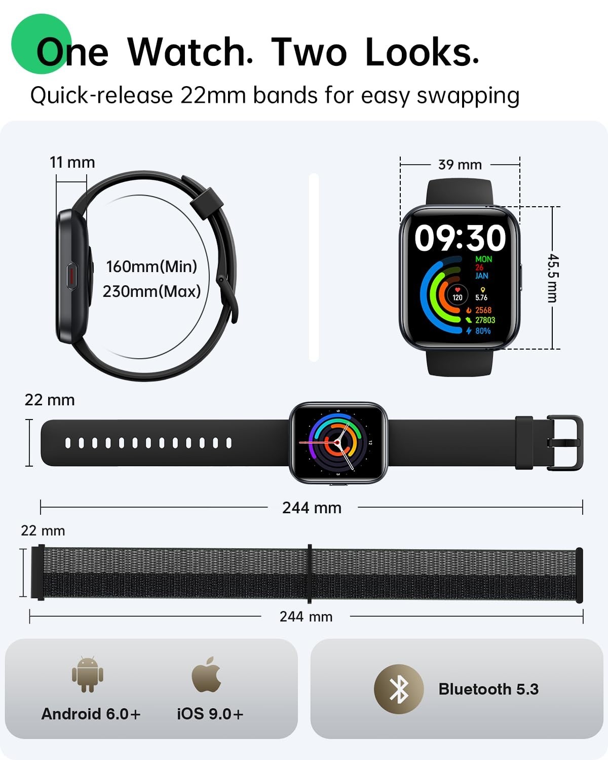 1.83″ HD Smart Watch for Android & iPhone, Fitness Tracker, Heart Rate Monitor,