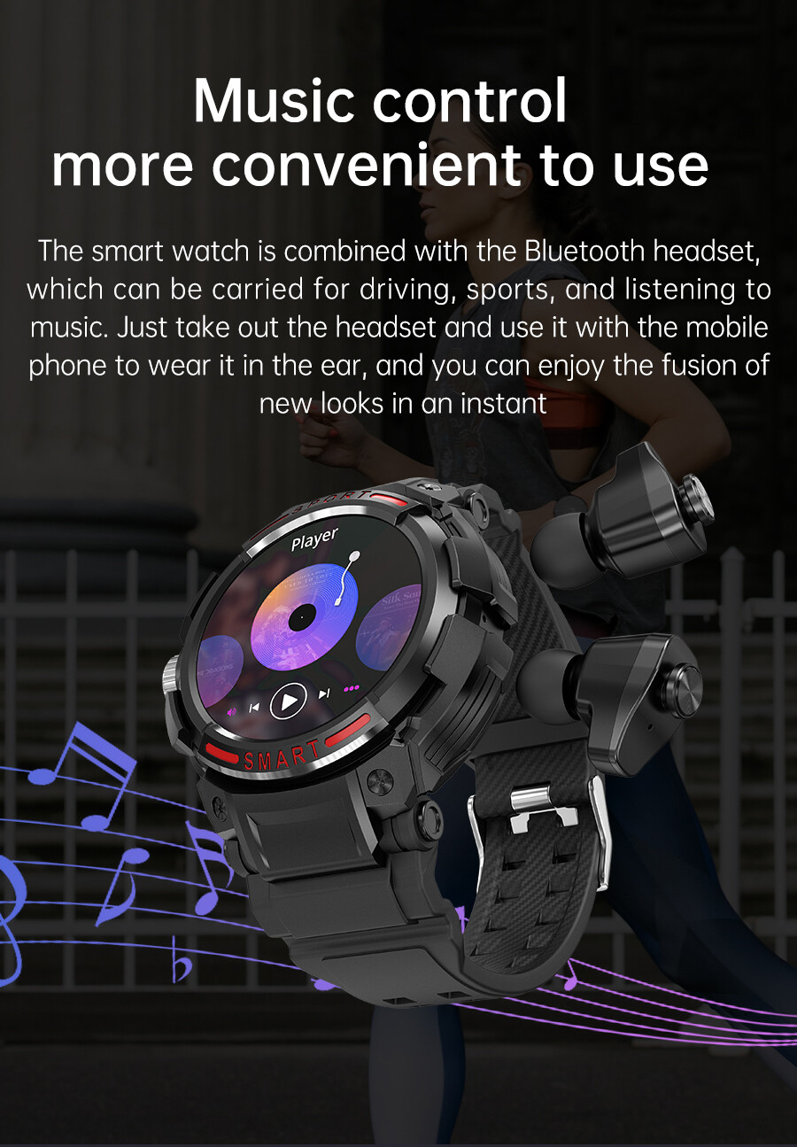 2 in 1 Smart Watch with Earphones Bluetooth Music Smartwatch Fitness Tracker