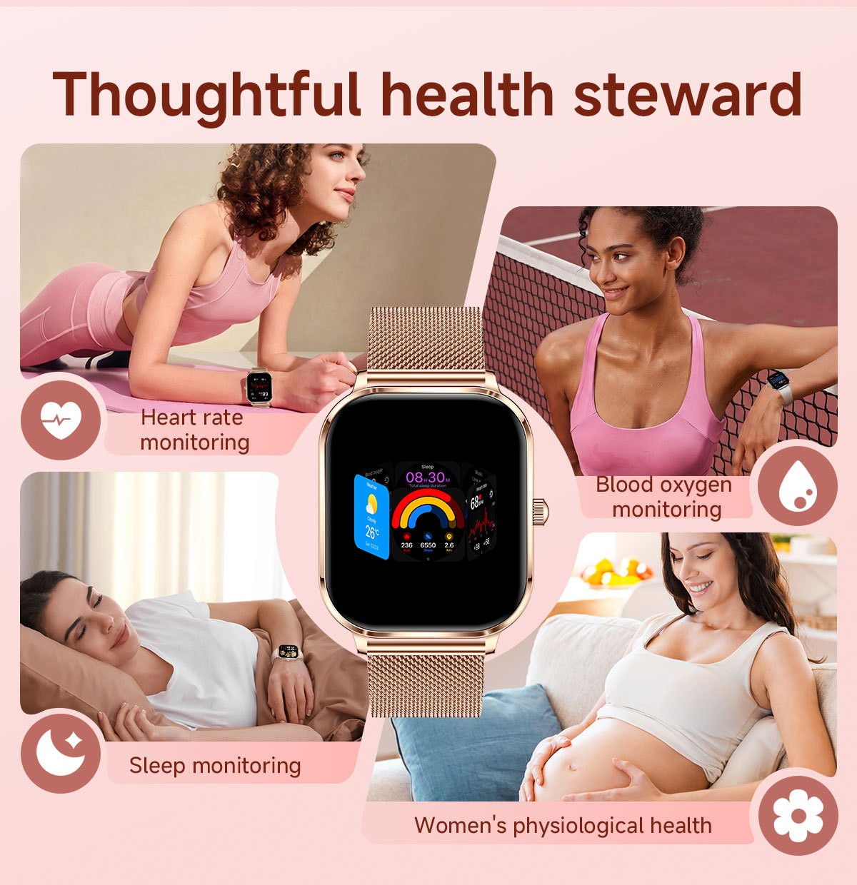 Women Smart Watch 1.82″ HD Touch Screen Bluetooth Call IP68 Waterproof Rose Gold