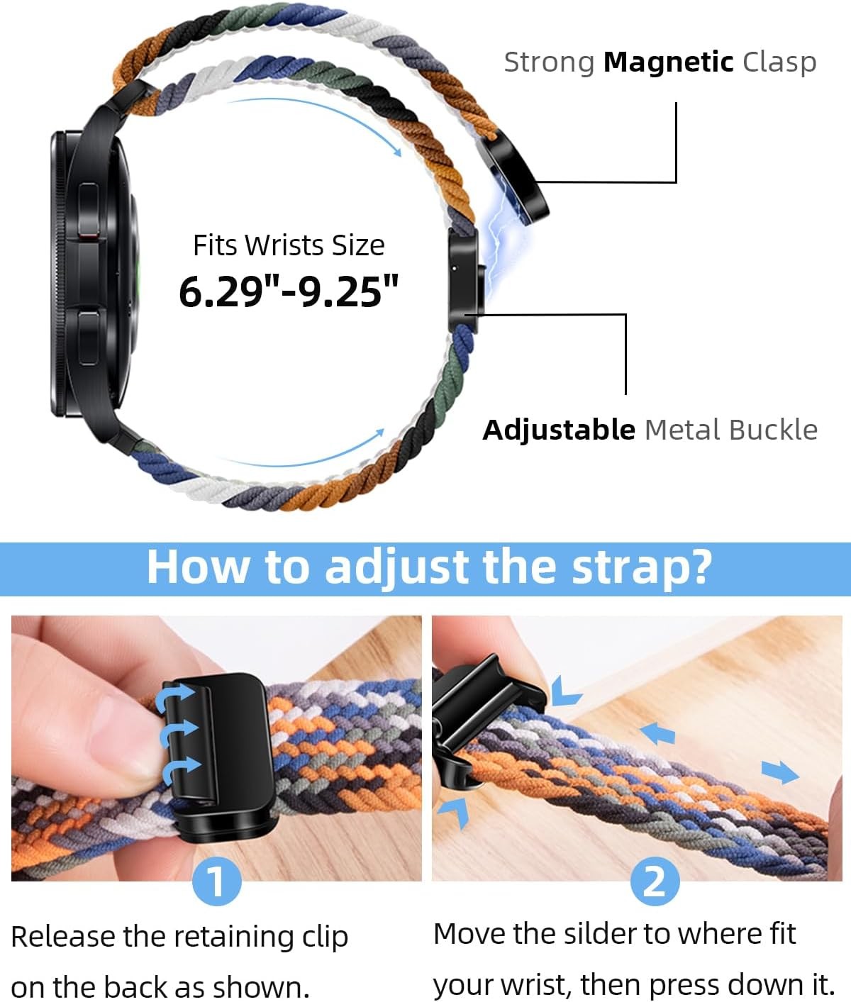 Braided Band for Galaxy Watch 6 7 5 Pro 40mm 44mm 46mm Elastic Nylon Strap