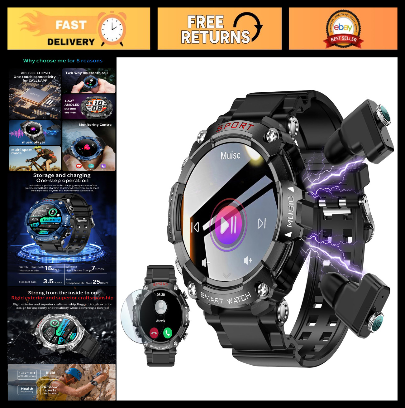 Smart Watch with Bluetooth Earbuds, Fitness Tracker, Military Resistant, Heart R