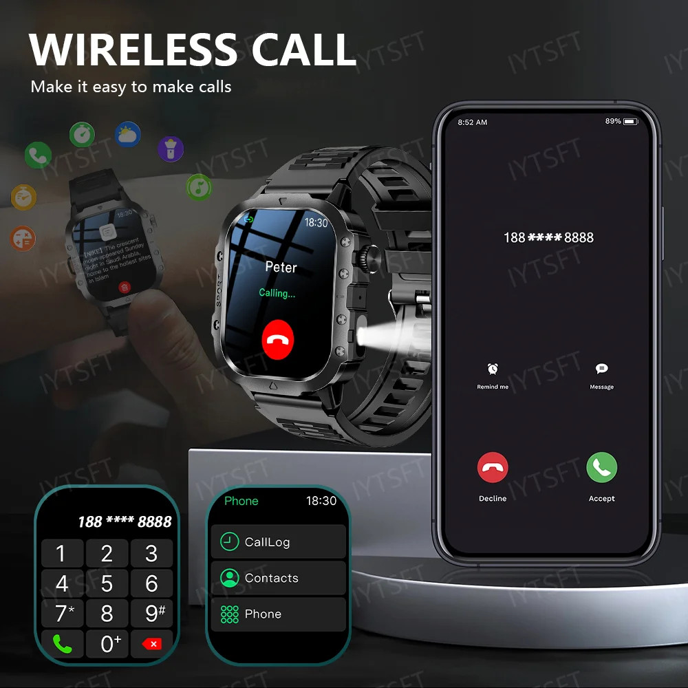 Military Smartwatch for Men, Outdoor Sports Tracker, Bluetooth Calls, 2.01″ Disp