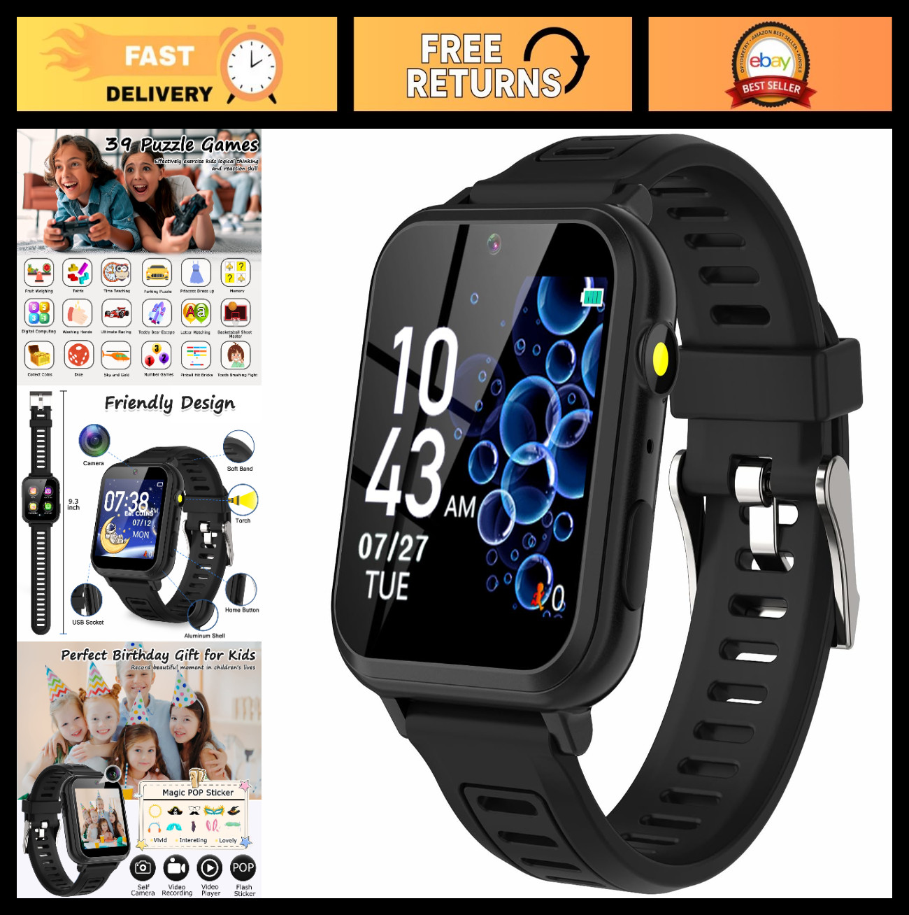 Kids Smart Game Watch with 39 Games, HD Touch Screen, Video Camera, Music Player