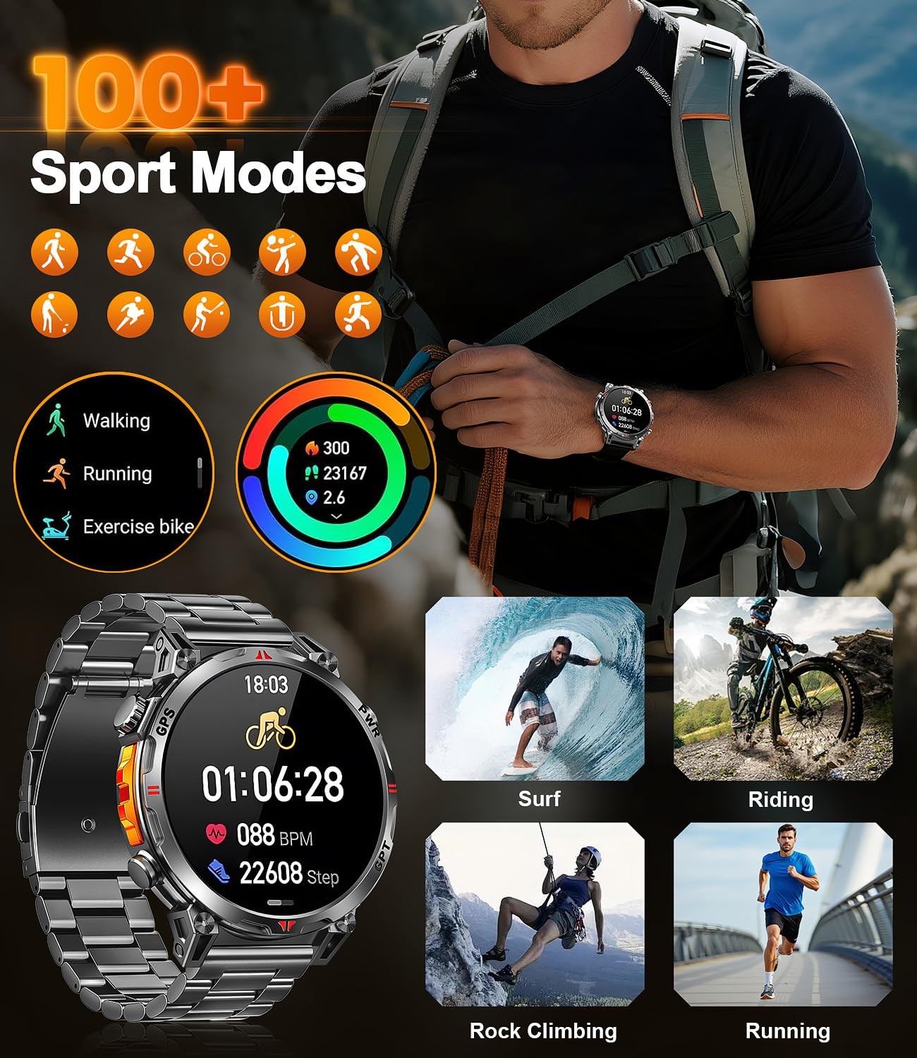 Military Smart Watches for Men GPS, 1.56″ AMOLED Screen Bluetooth , for Andro…