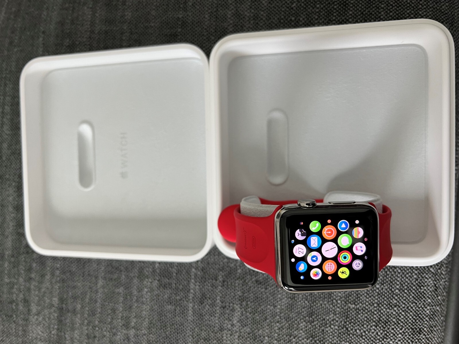 Apple Watch 42mm Stainless Steel Case Red Sport Band – NJ3U2LL/A