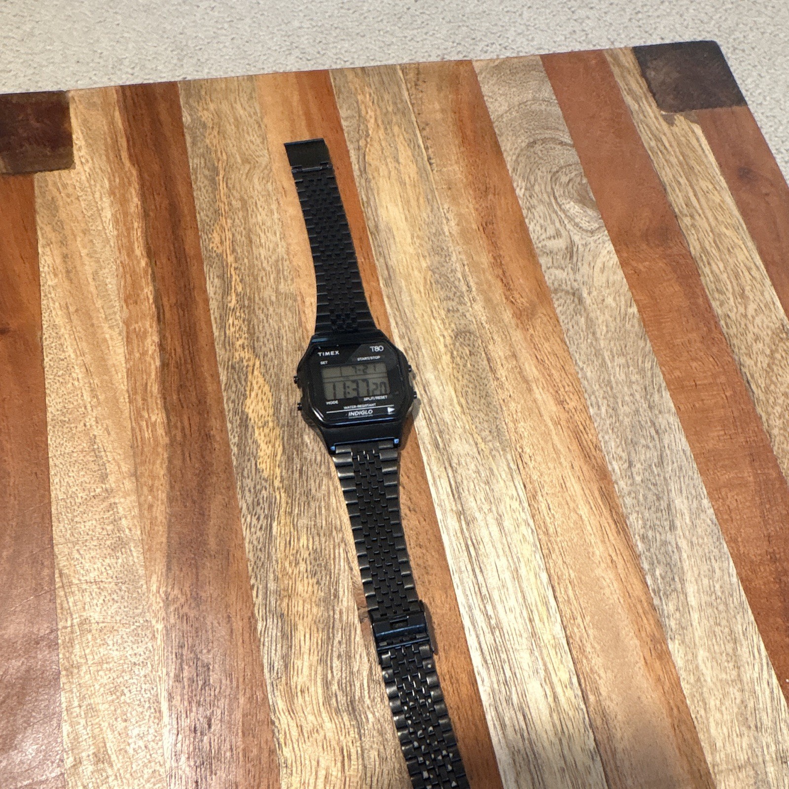 Timex T80 Black Digital Watch Indiglo Water-Resistant Stainless Steel Band