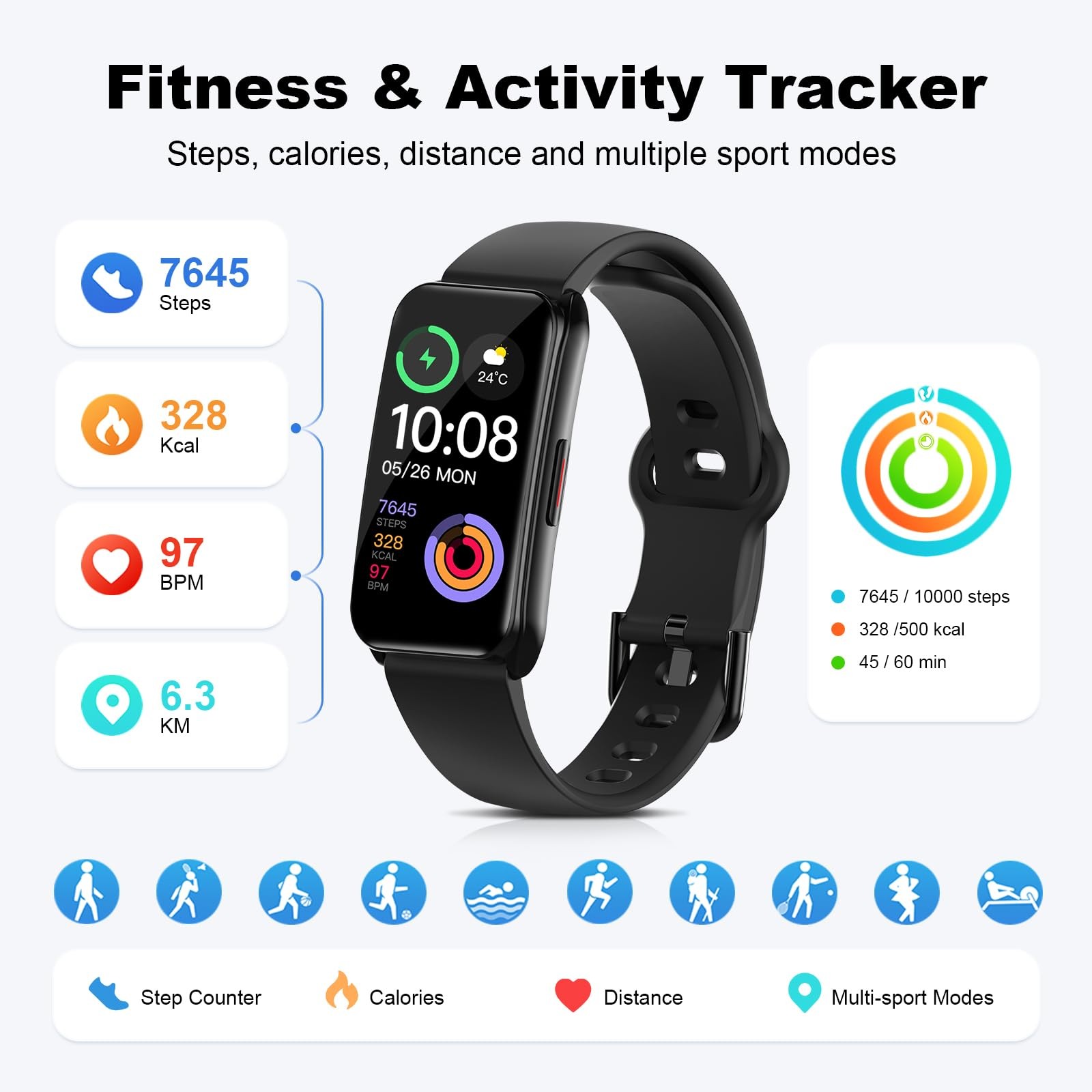 Fitness Tracker Watch Heart Rate Blood Oxygen Sleep Monitor IP68 Waterproof S…