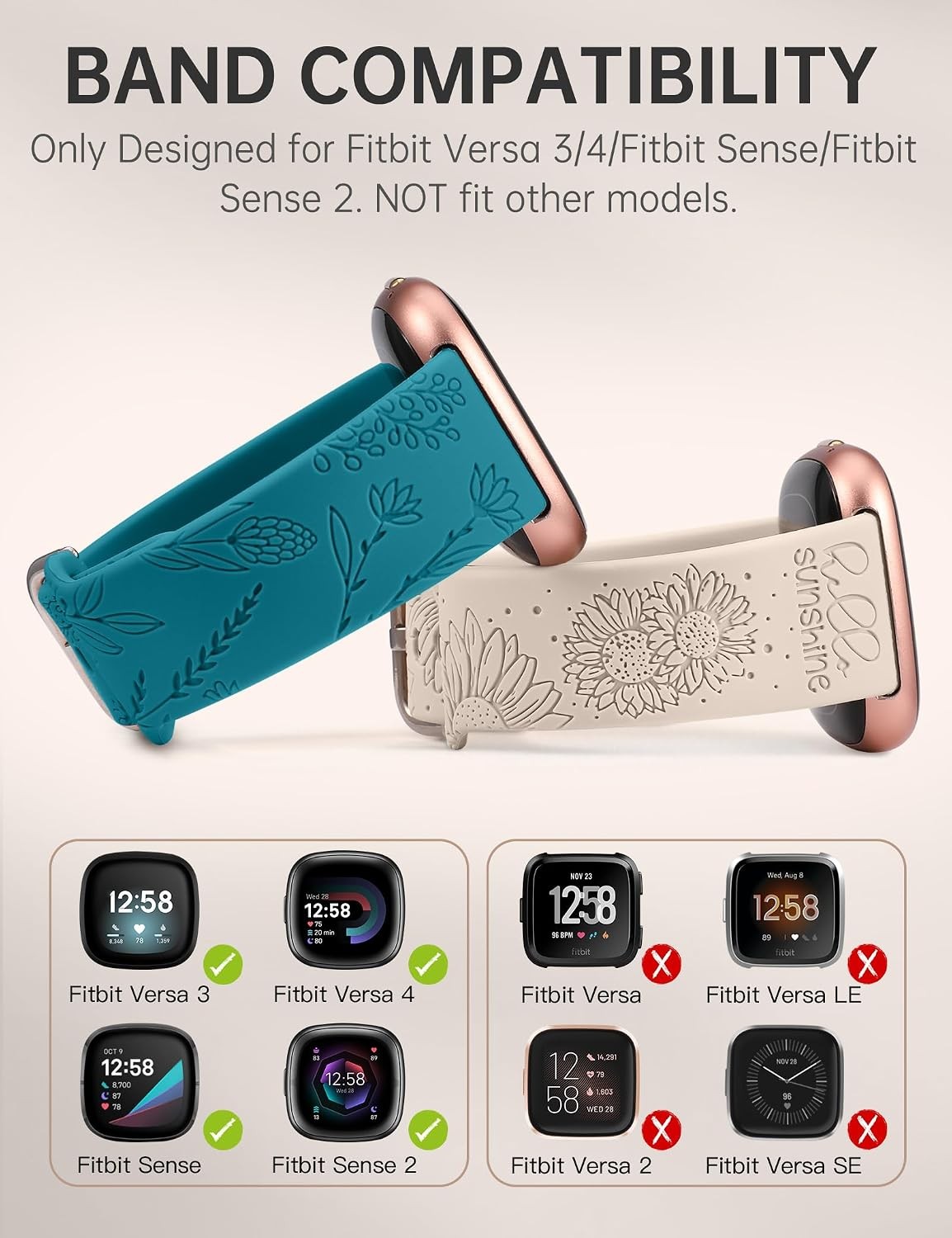 2 Pack Floral Engraved Silicone Strap Compatible with Fitbit Versa 4/3