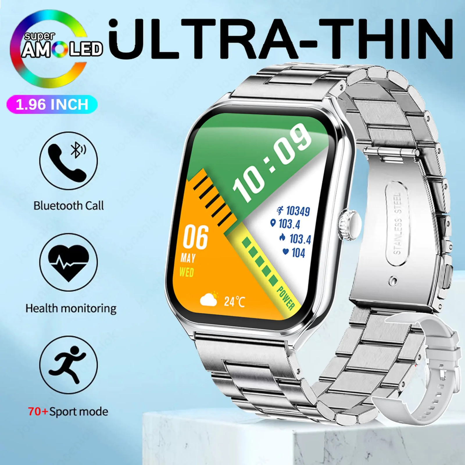 2025 New 7.5MM Ultra Thin Smart Watch Men 1.96″AMOLED Screen Always Show Time