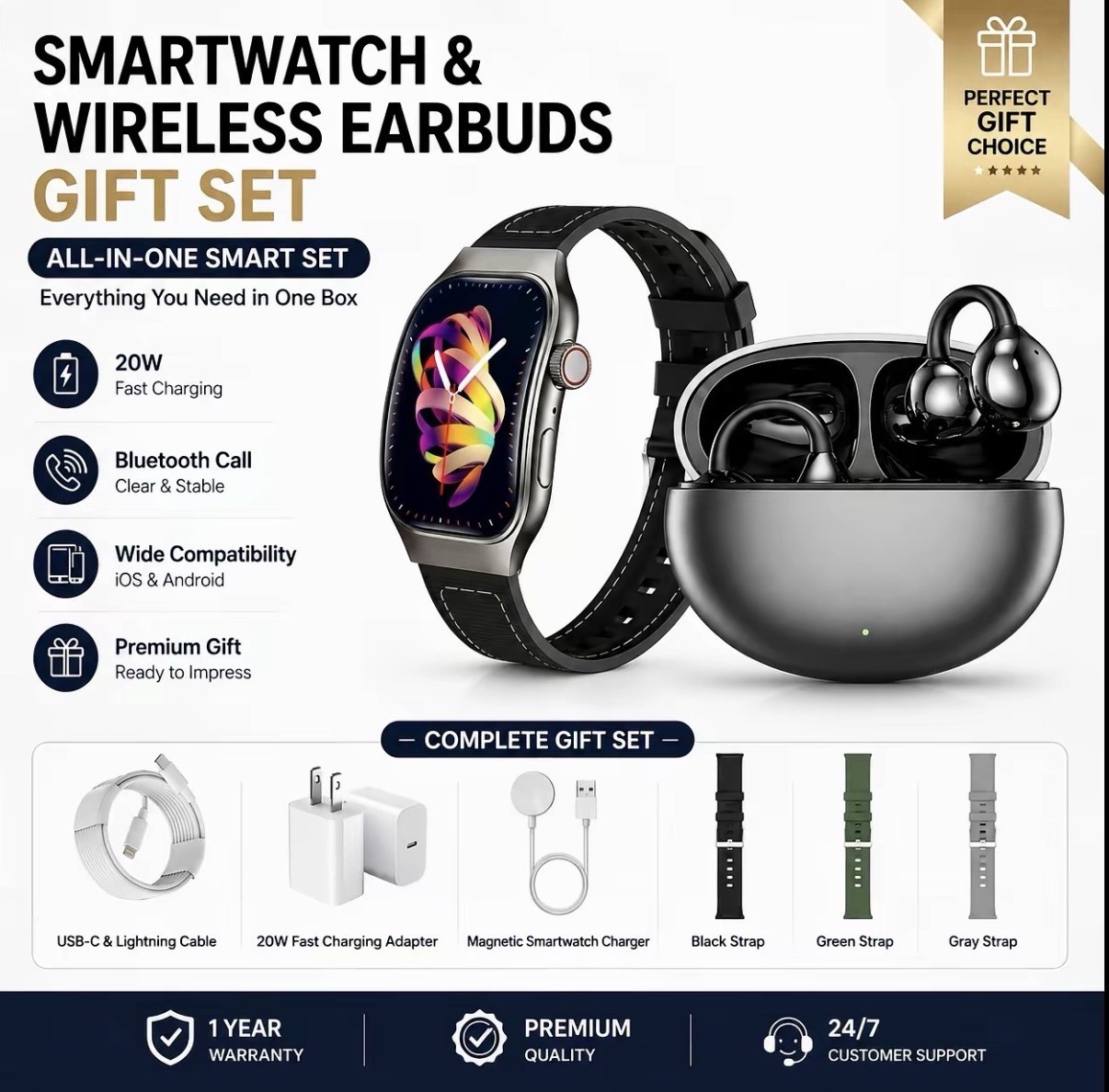 Smartwatch Gift Set, Portable All-in-One Wearable Bundle for Men & Women